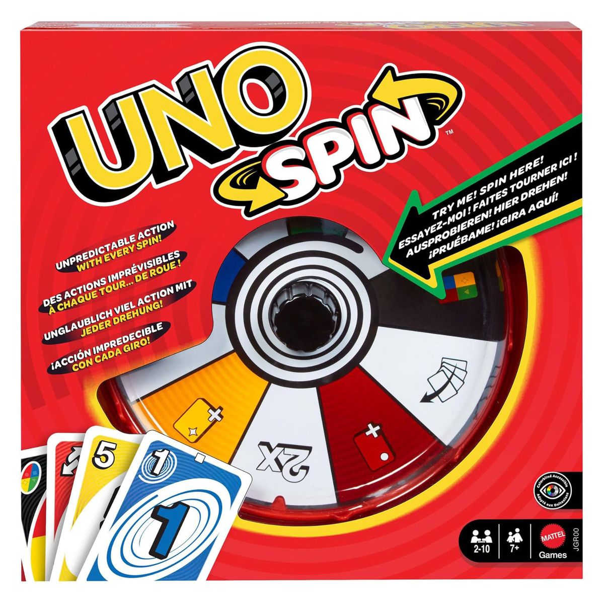 Mattel JGR00 - Mattel Games - UNO Spin, Kartenspiel mit barrierefreier Farbgestaltung, neue Herausforderungen und Regeln - Bild 1
