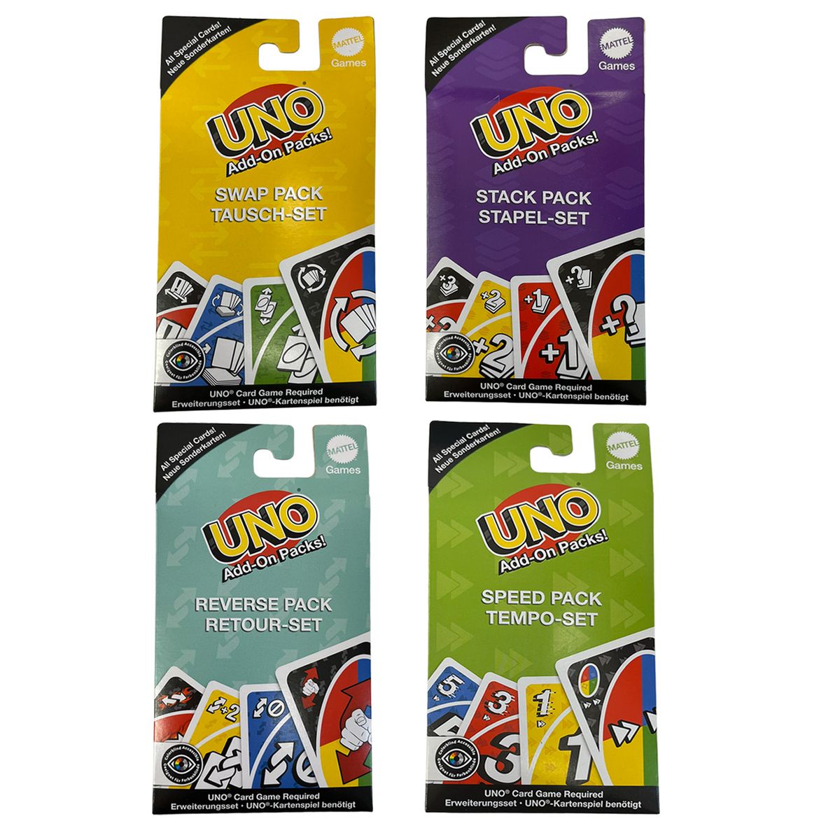 Mattel JCV55 BUNDLE sort. - Mattel Games - UNO Add-On Packs, Erweiterungen, Retour-/Tempo-/Stapel- & Tausch-Set mit barrierefreier Farbgestaltung - Bild 1
