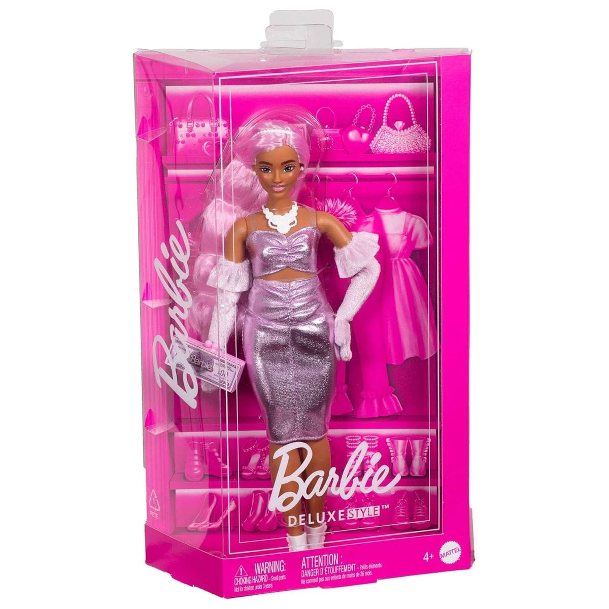 Mattel HYV25 - Barbie - Deluxe Style - Puppe mit violettem Metallic-Outfit, Samthandschuhen und Acceessoires - Bild 1