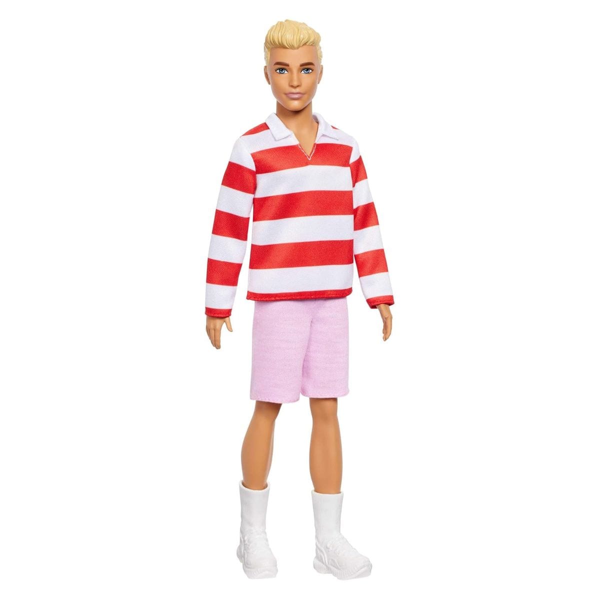 Mattel HYV01 - Barbie - Fashionistas - Ken Puppe Nr. 241 in rot-wei&szlig; gestreiftem Oberteil und rosafarbener kurzer Hose mit wei&szlig;en Sneakern, blond - Bild 1