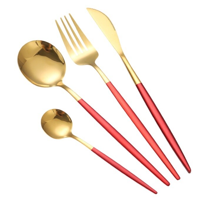 24 tlg Besteck-Set aus hochwertigem Edelstahl für 6 Personen - Rot/Gold