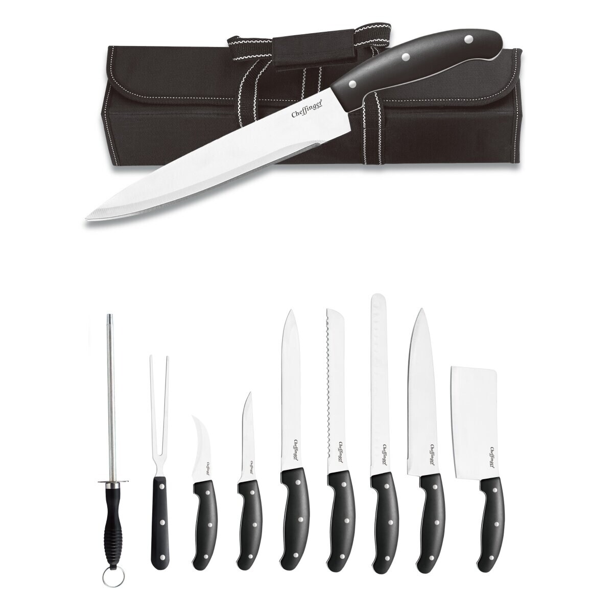 Cheffinger 10-teiliges Messer-Set aus Edelstahl mit Holzgriff | 08721143801416