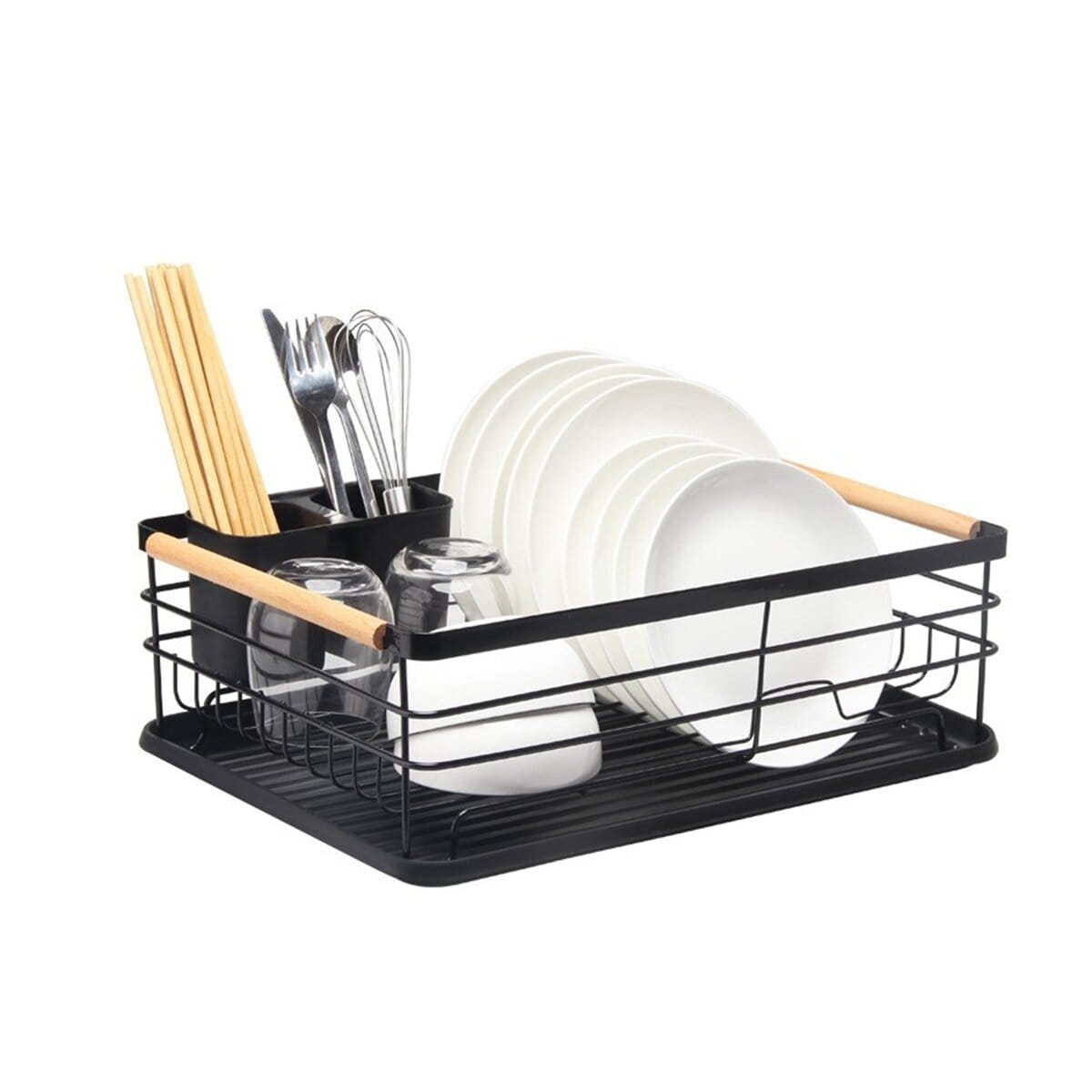 Abtropfst&auml;nder mit Tropfschale & Holzgriffen - Geschirrst&auml;nder in Schw - Bild 1