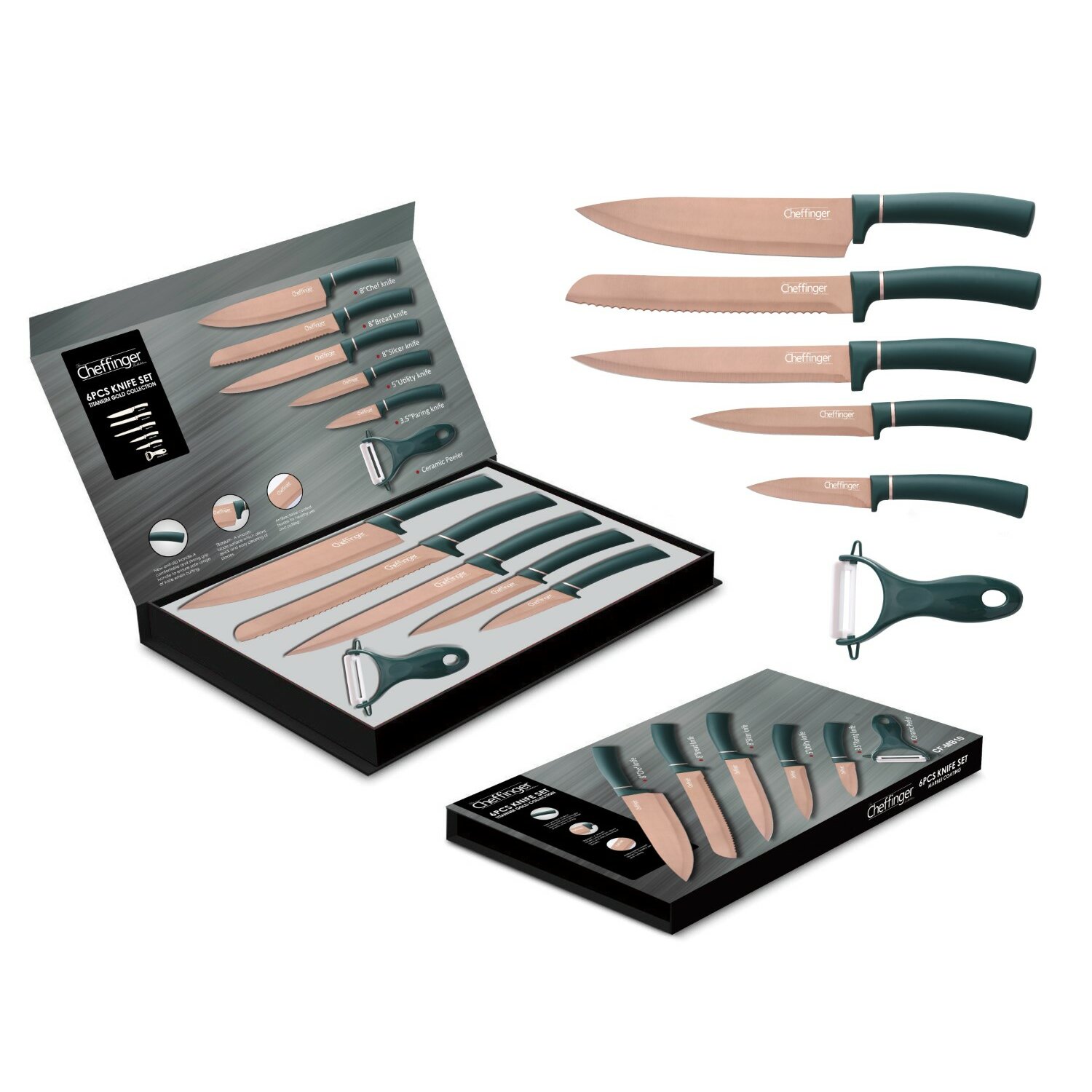 6 Teiliges Messerset aus hochwertigem Edelstahl Gold Messer Fleischmesser - Bild 1