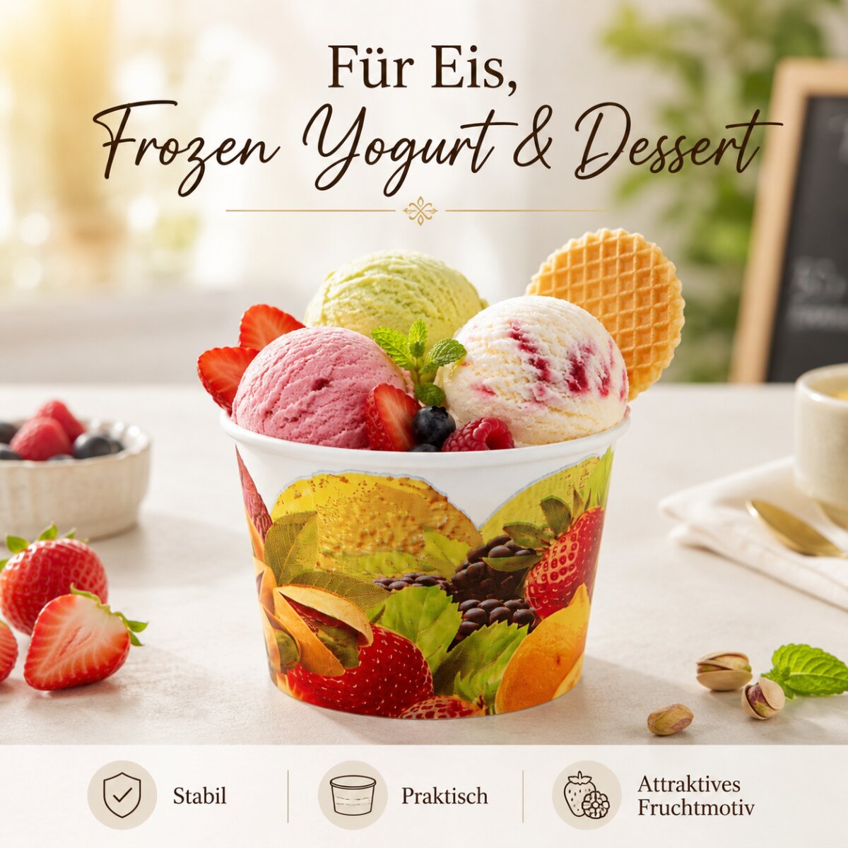 Eisbecher 400 ml aus Pappe mit Fruchtmotiv, Kleine Dessertbecher