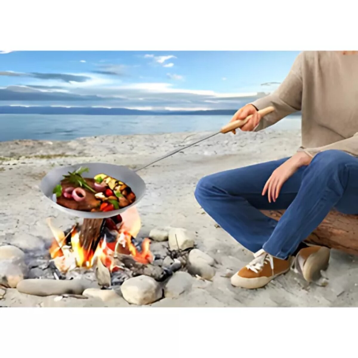Grill Pfanne Camping mit 65 cm langem Griff Holzgriff Bratpfanne online kaufen bei Netto