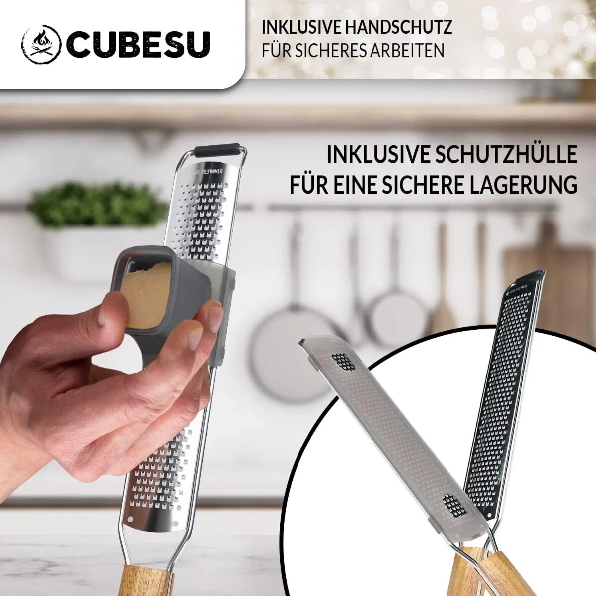 Zester Reibe 35 cm lang Edelstahl K&uuml;chenreibe mit Holzgriff Handschutz - Bild 1