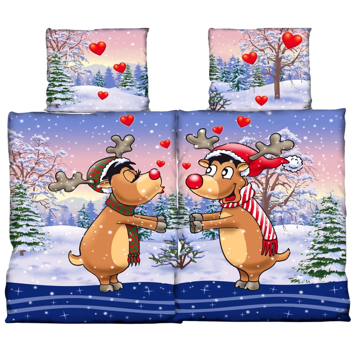 Partnerbettw&auml;sche 155 x 220 cm + 80 x 80 cm - Fleece-Bettw&auml;sche mit Rentiermotiv - Bild 1