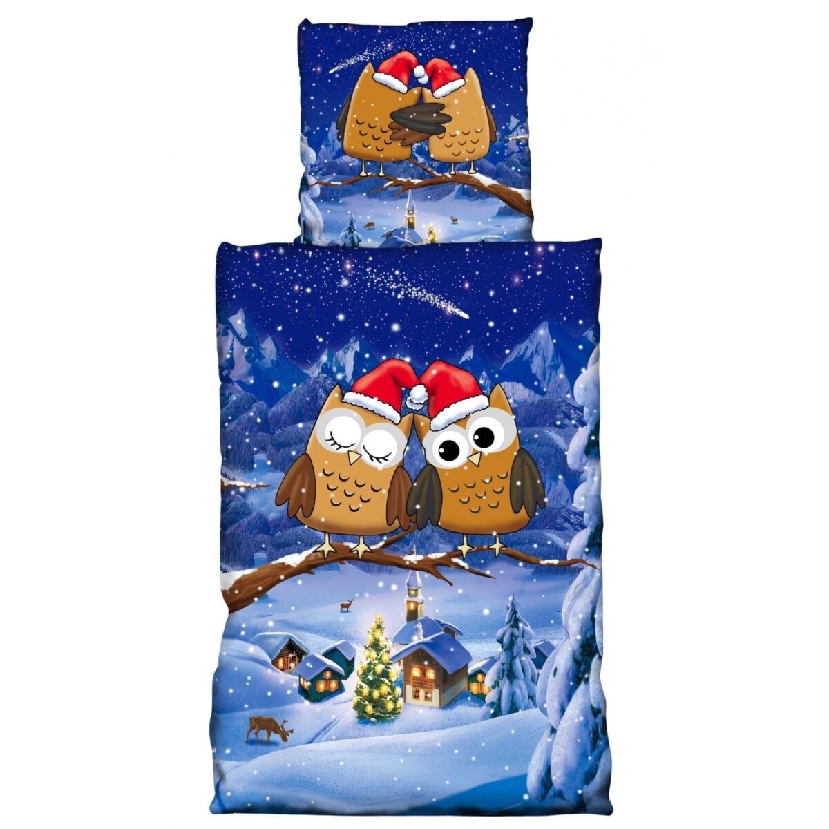 Fleece Bettw&auml;sche 155 x 220 cm + 80 x 80 cm - Weihnachtsmotiv mit Eulen - Bild 1