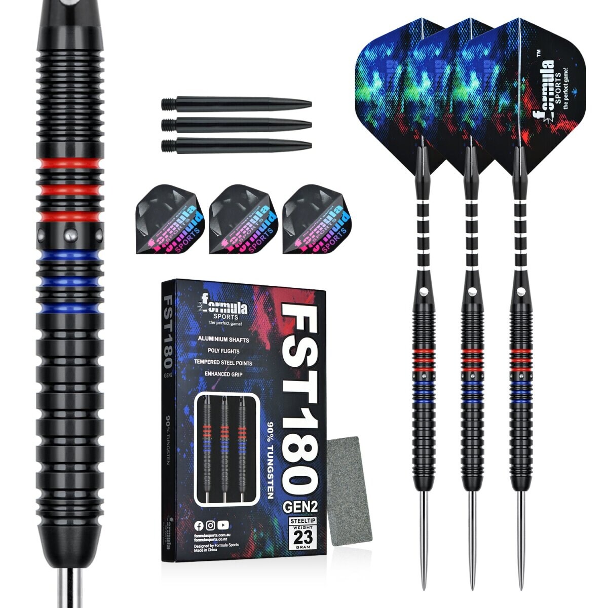 Formula FST180 Gen2 Black+Blue & Red Rings Tungsten Dart Steeltip | 04071025000128