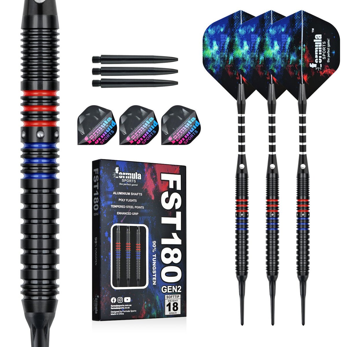 Formula FST180 GEN2 Black Blue Red Rings Softtip Dartset 18g Softdarts - Bild 1