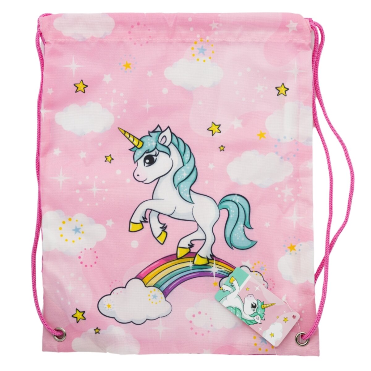 Einhorn Turnbeutel Lunchbag mit Regenbogenmotiv f&uuml;r Kinder mit Kordelz - Bild 1