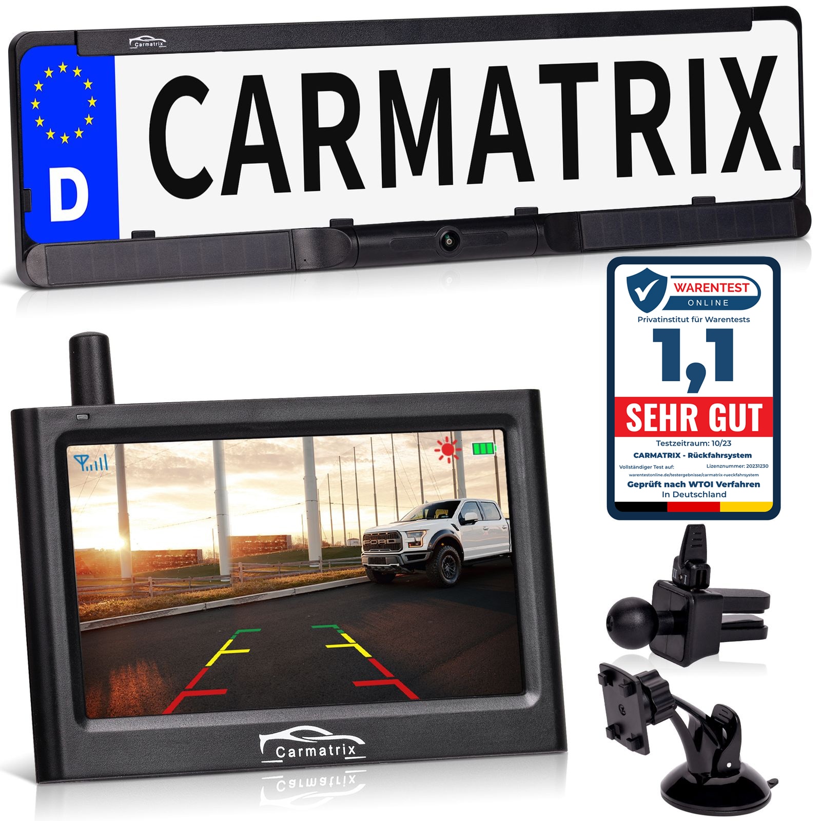 CARMATRIX Solar Funk R&uuml;ckfahrkamera im Kennzeichen mit Monitor R&uuml;ckfahrsystem Auto - Bild 1