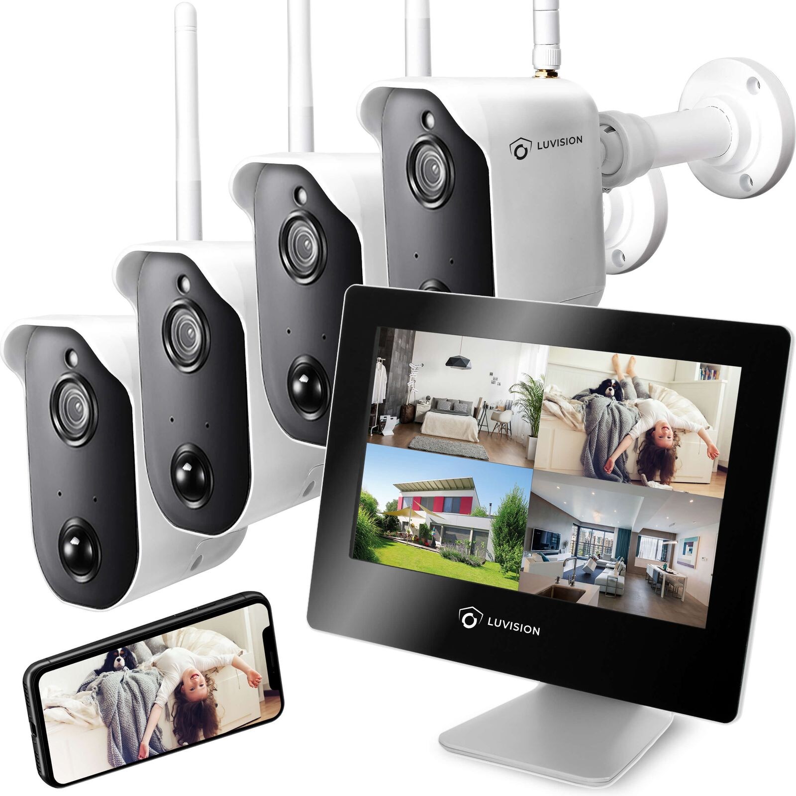 LUVISION Funk Akku Video Überwachungssystem mit Batterie PIR Mikrofon Gegensprechfunktion Solar Flutlicht kompatibel 4 Kameras | 04260224113993