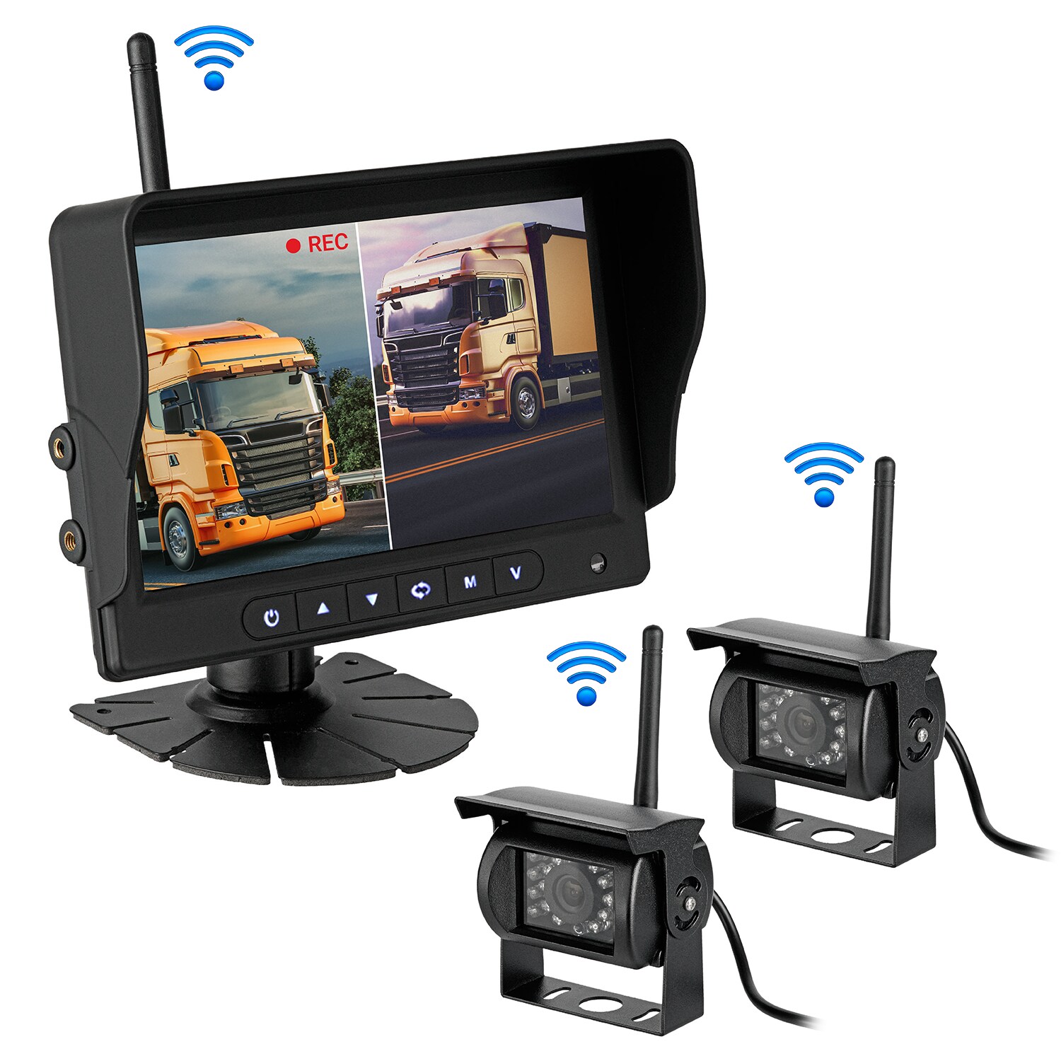 CARMATRIX HD Funk Rückfahrsystem Digital für LKW Wohnmobil Auto Transporter 7" Monitor mit Aufnahmefunktion, Mikrofon 2 Kameras