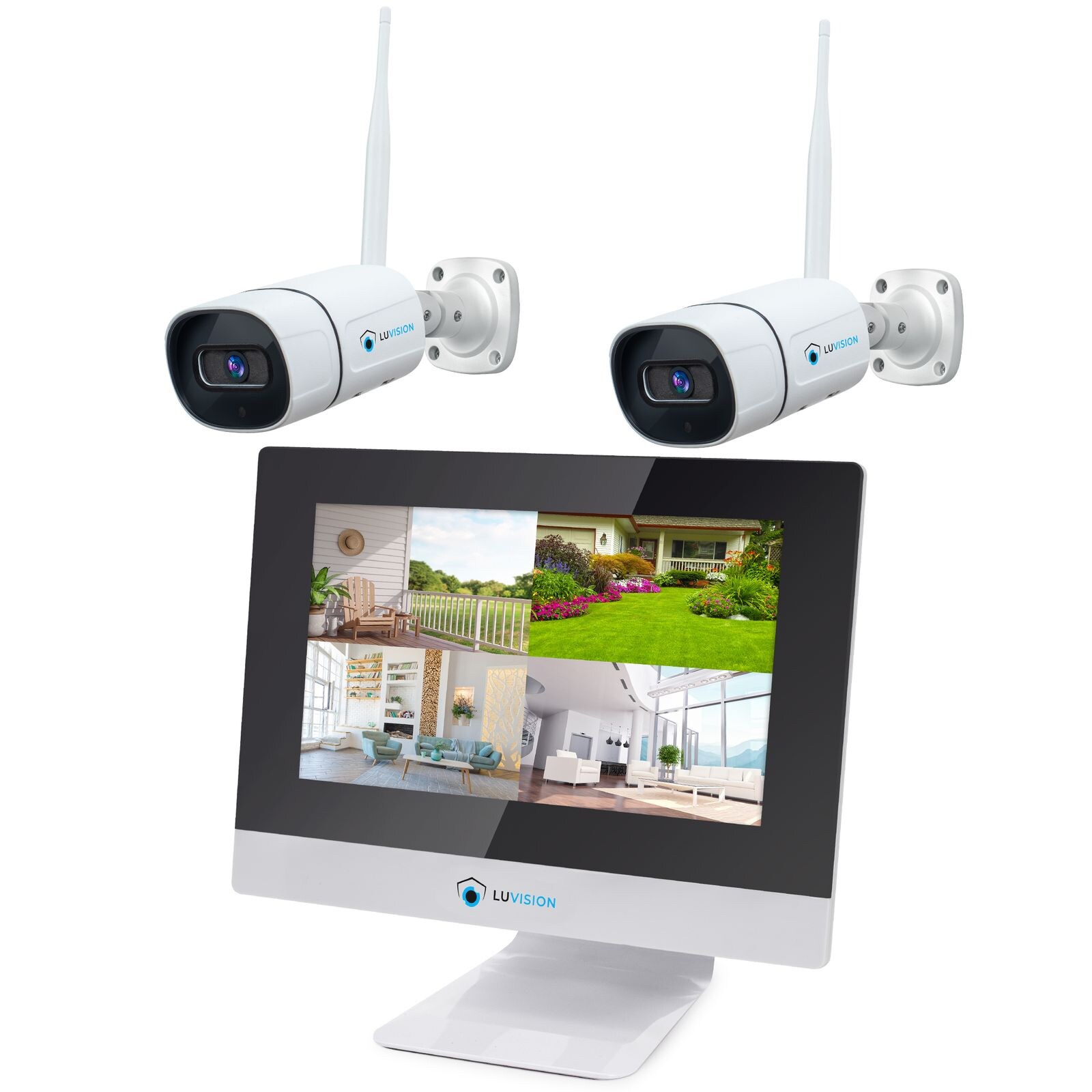 LUVISION Dual WLAN Funk Kamera Set Überwachungssystem mit Monitor Cloud 4 bis 8 IP Kameras & App 2 Kameras