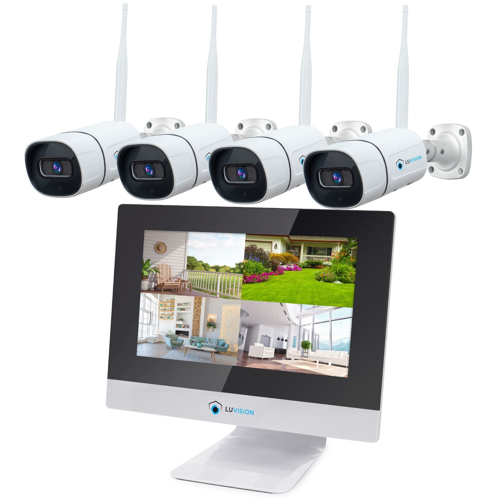 LUVISION Dual WLAN Funk Kamera Set Überwachungssystem mit Monitor Cloud 4 bis 8 IP Kameras & App 4 Kameras