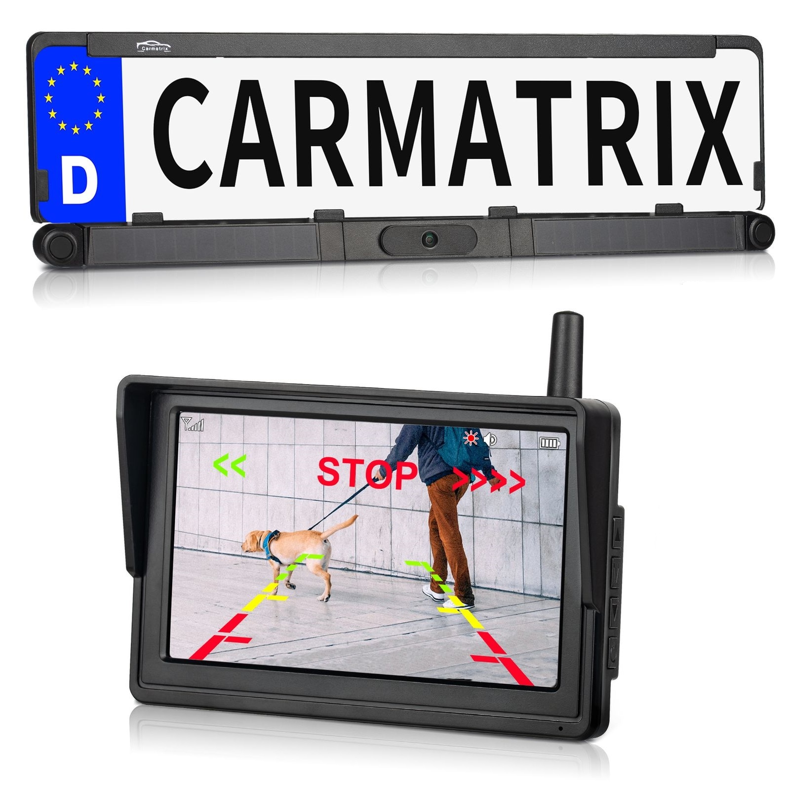 CARMATRIX Solar Funk R&uuml;ckfahrsystem HD R&uuml;ckfahrkamera im Nummernschild mit 2 PDC Sensoren Solarpanel - Bild 1