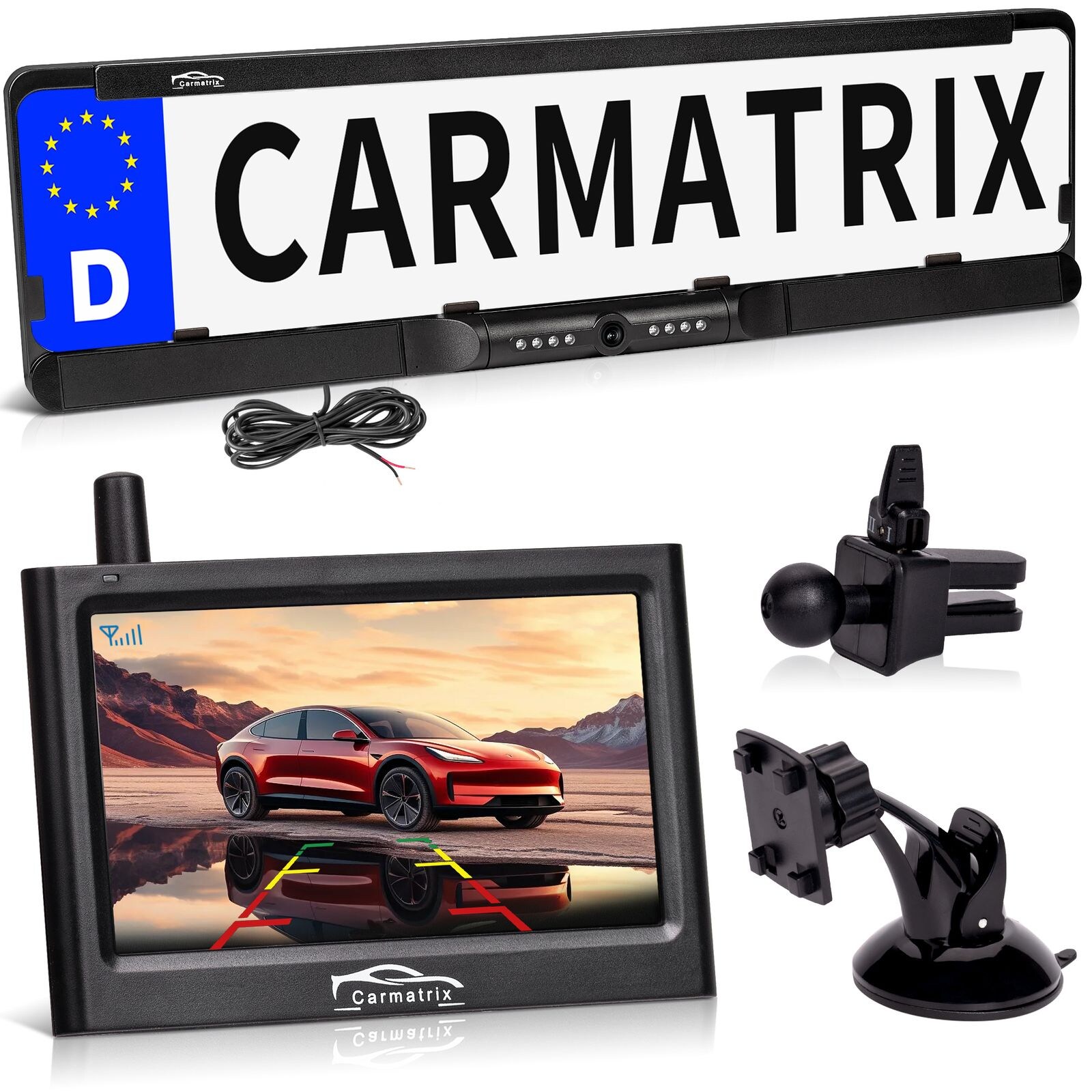 CARMATRIX Funk Rückfahrkamera Digital im Nummernschildhalter mit 4,3" Monitor Nachtsicht LED's ( ohne Solar )