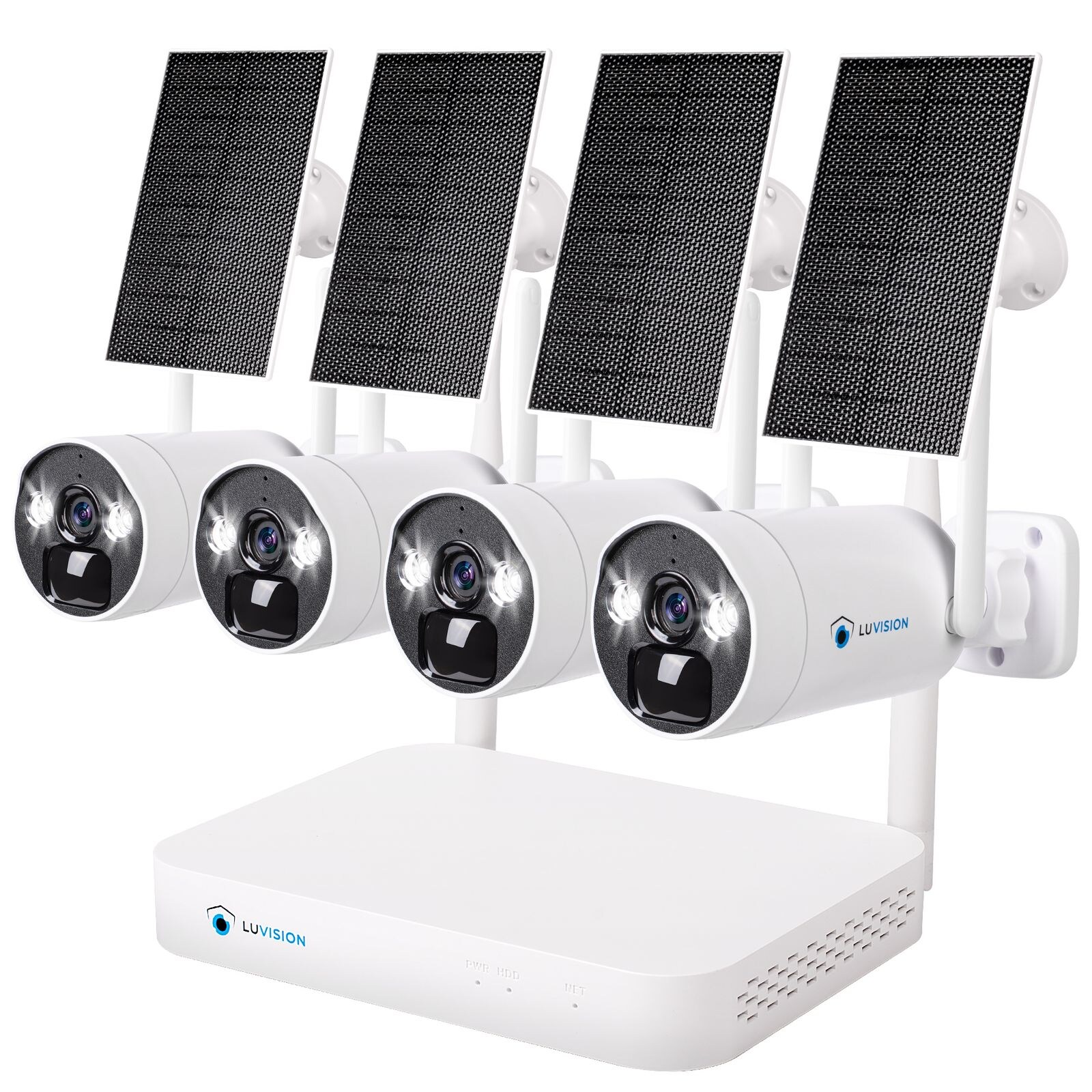LUVISION Dual WLAN Solar Akku Überwachungssystem 10 Kanal NVR 4MP Überwachungskamera Set Mikrofon 4 Kameras