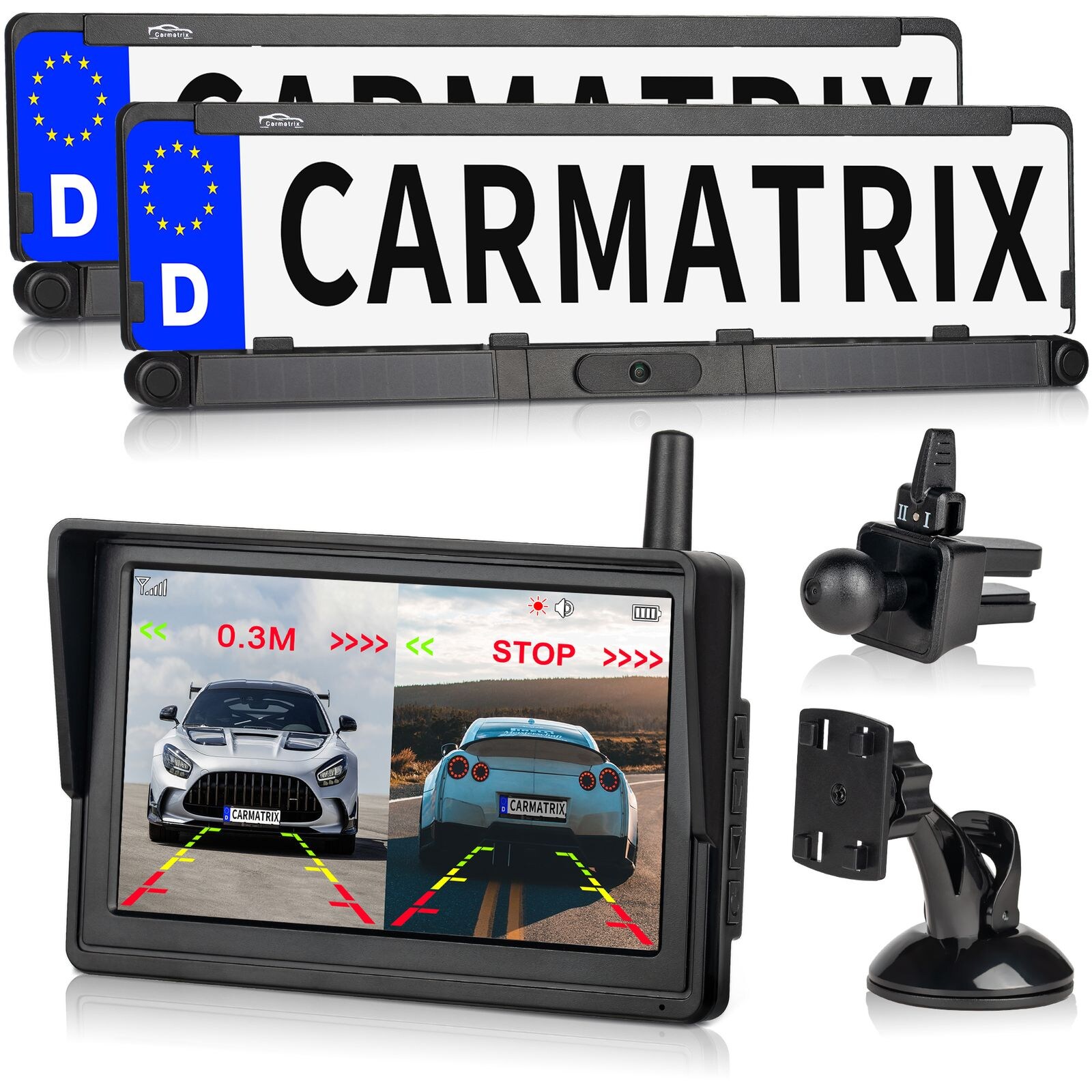 CARMATRIX Solar Rückfahrsystem HD Rückfahrkamera im Nummernschild mit Einparksensoren für Front und Heck
