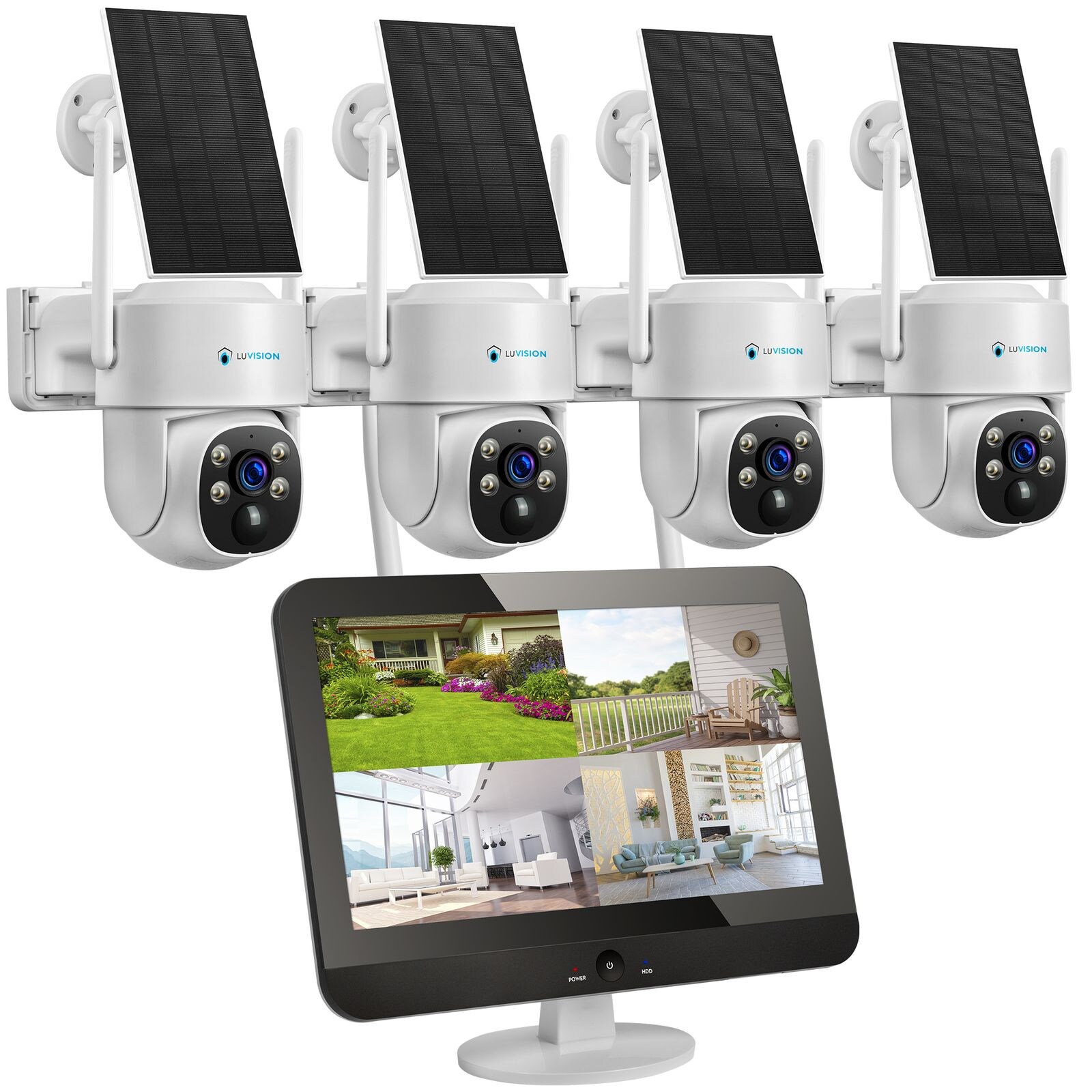 LUVISION Dual WLAN PTZ Überwachungssystem mit LED Monitor 4MP Solar PTZ Überwachungskamera Mikrofon, Sirene, Smarte Nachtsicht 4 Kameras