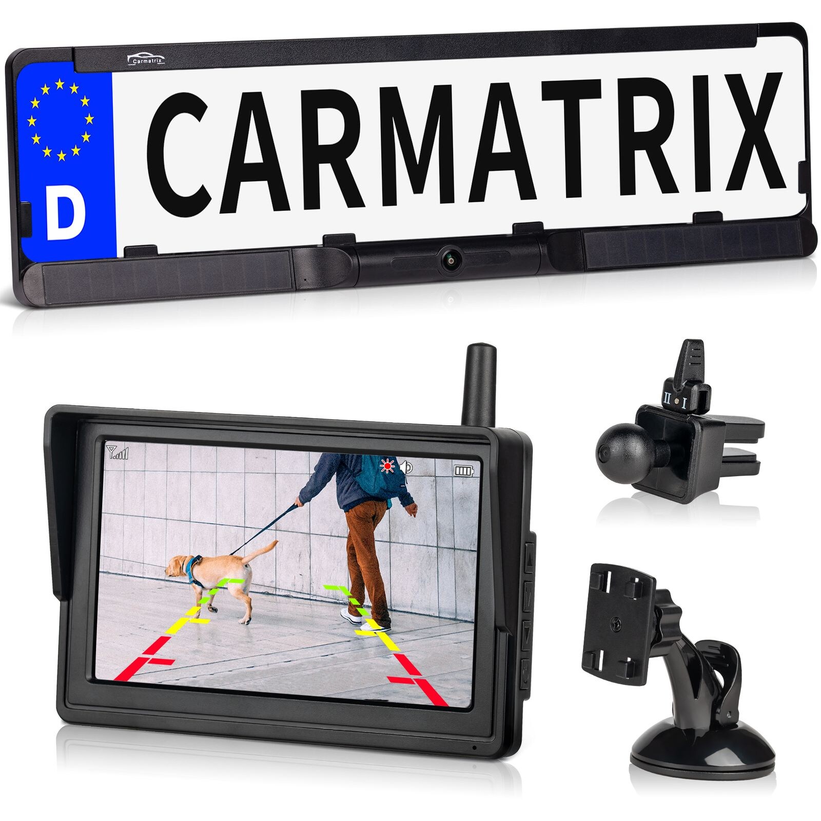 CARMATRIX HD Solar Funk Rückfahrkamera mit 5" Monitor Nummernschildkamera mit Solarpanel für vorne oder hinten