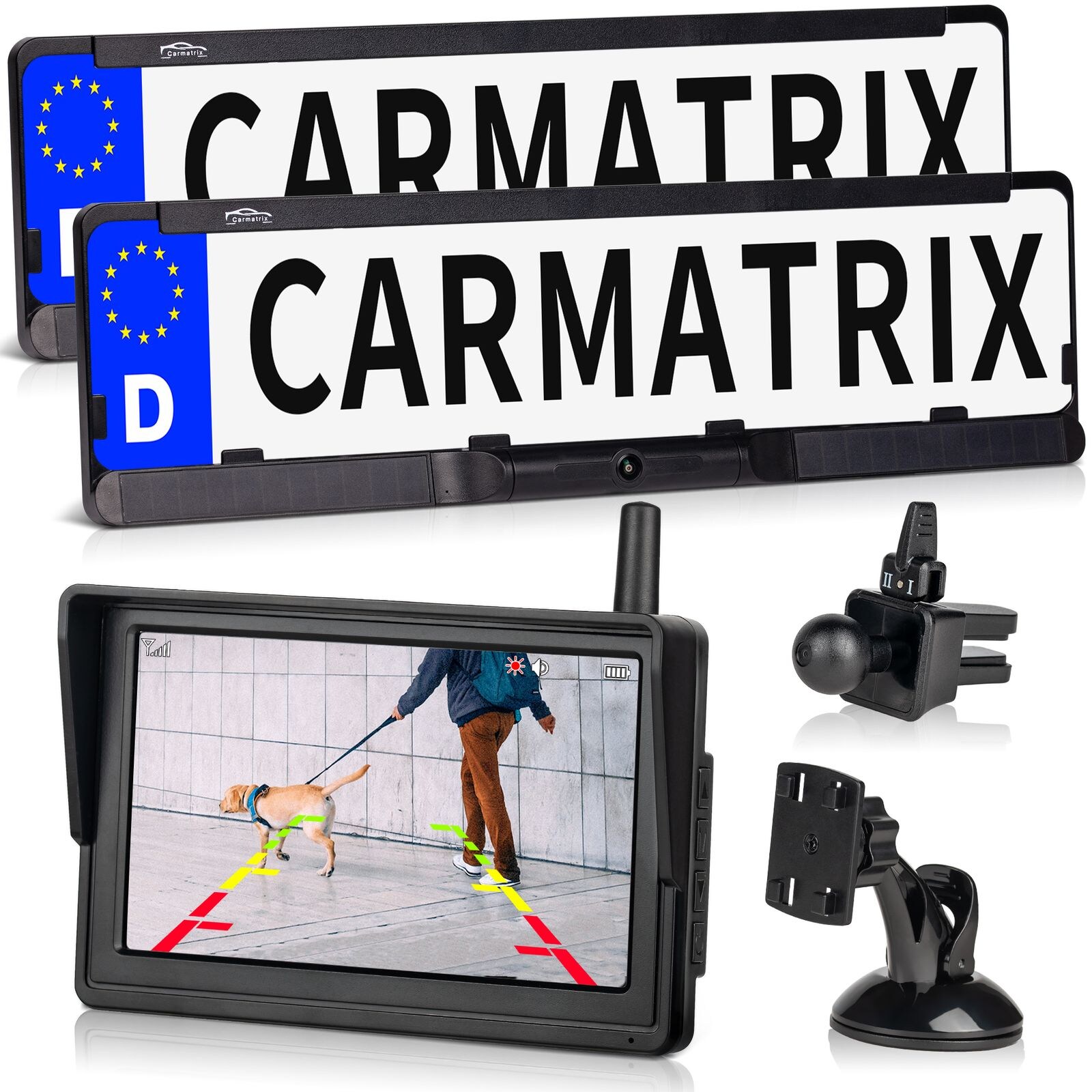 CARMATRIX DUO HD Solar Funk Rückfahrkamera mit 5" Monitor Rückfahrsystem für Front und Heck