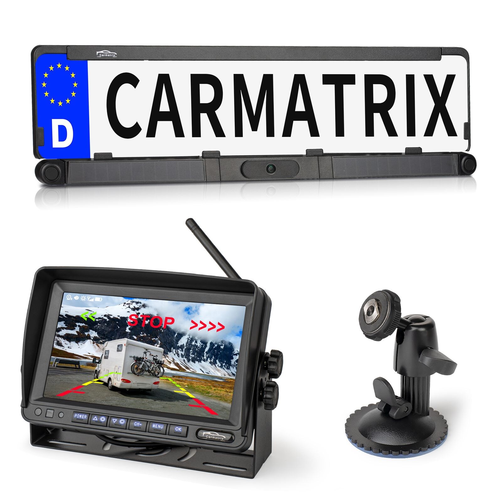 CARMATRIX Solar Rückfahrsystem 7" IPS-HD Monitor Rückfahrkamera für Wohnmobil, Wohnwagen, Transporter