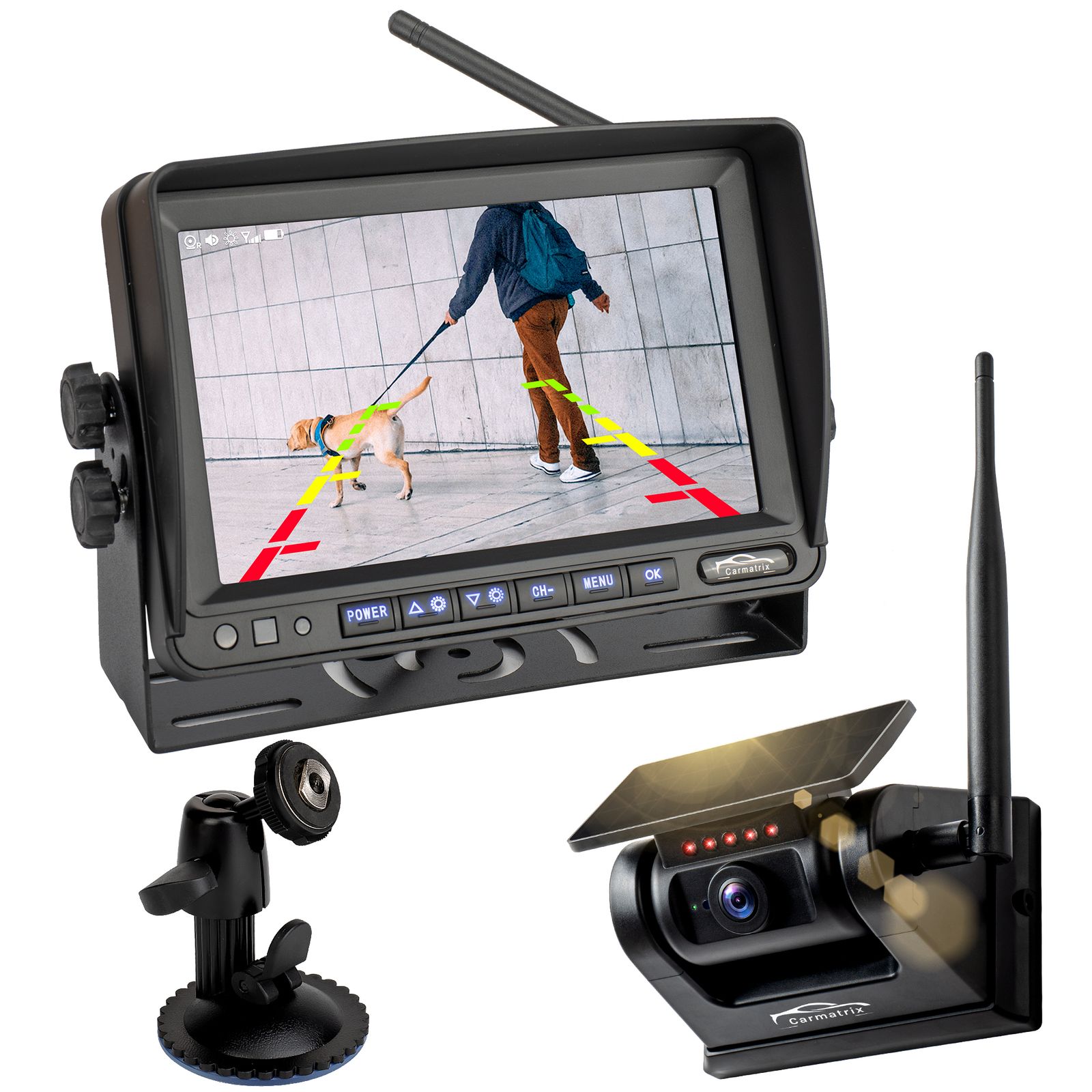 CARMATRIX Solar R&uuml;ckfahrsystem mit 7" Monitor R&uuml;ckfahrkamera mit Magnet Akku f&uuml;r Wohnmobil, Wohnwagen, Transporter - Bild 1