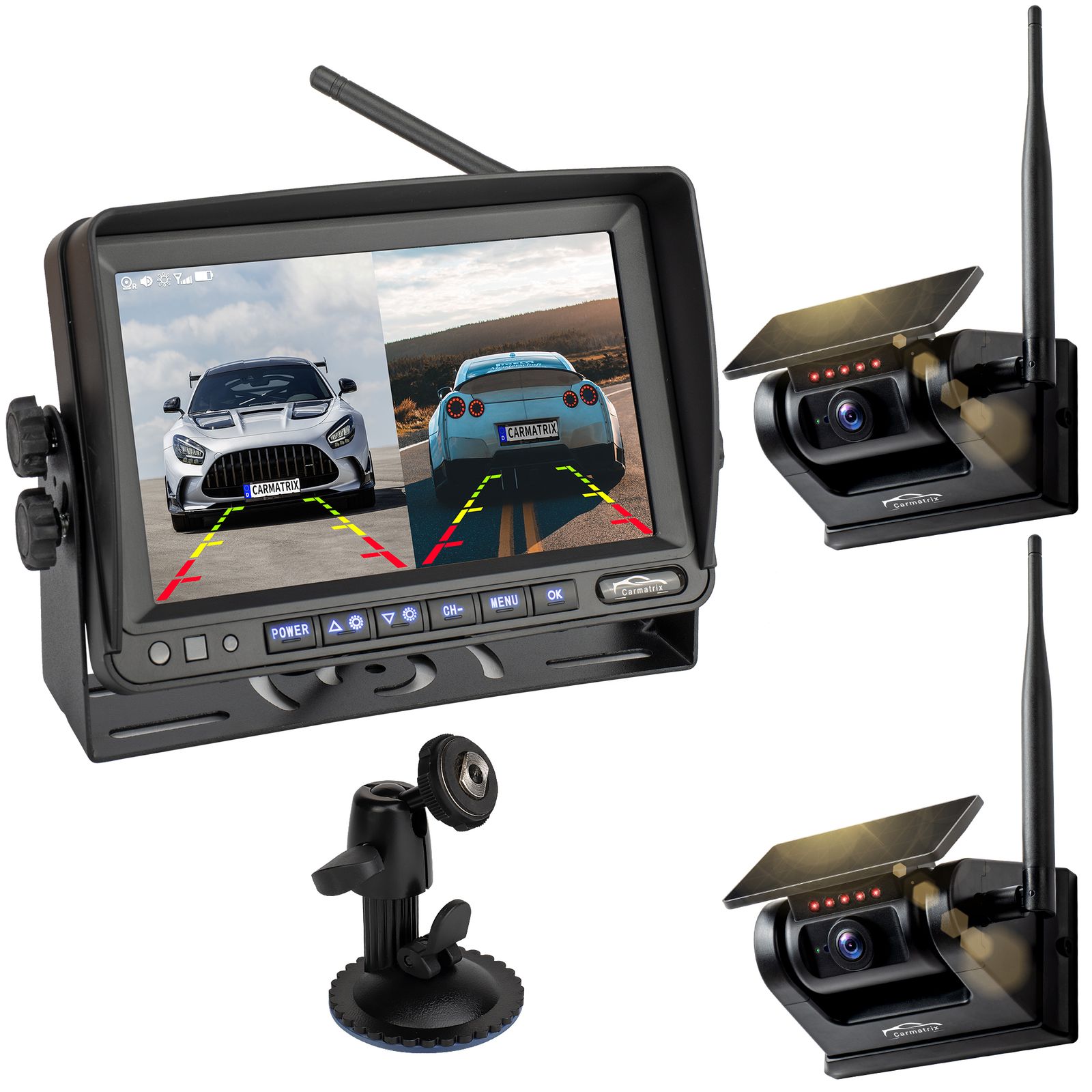 CARMATRIX Solar R&uuml;ckfahrsystem 7" Monitor magnetische R&uuml;ckfahrkamera mit Akku f&uuml;r Wohnmobil, LKW, Transporter - Bild 1