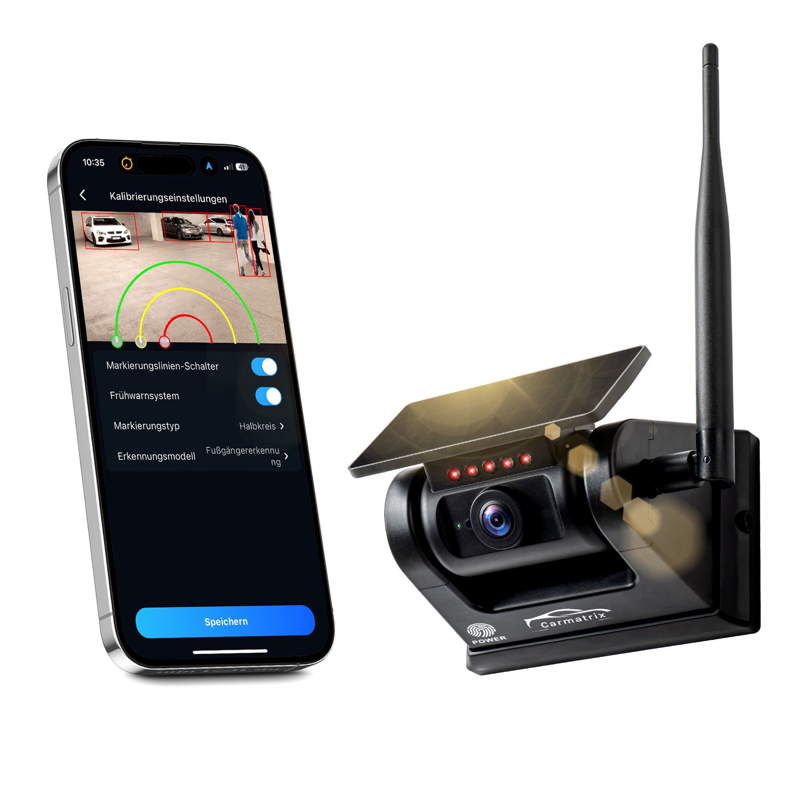 CARMATRIX Funk WLAN Solar R&uuml;ckfahrkamera mit Magnet KI Personenerkennung mit APP - Bild 1
