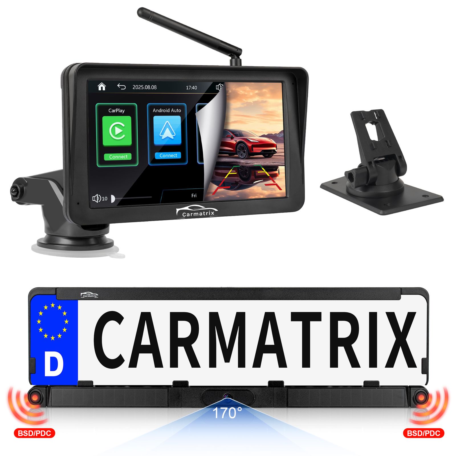 CARMATRIX Solar R&uuml;ckfahrsystem PDC Einparksensoren mit Android Auto und Apple CarPlay - Bild 1