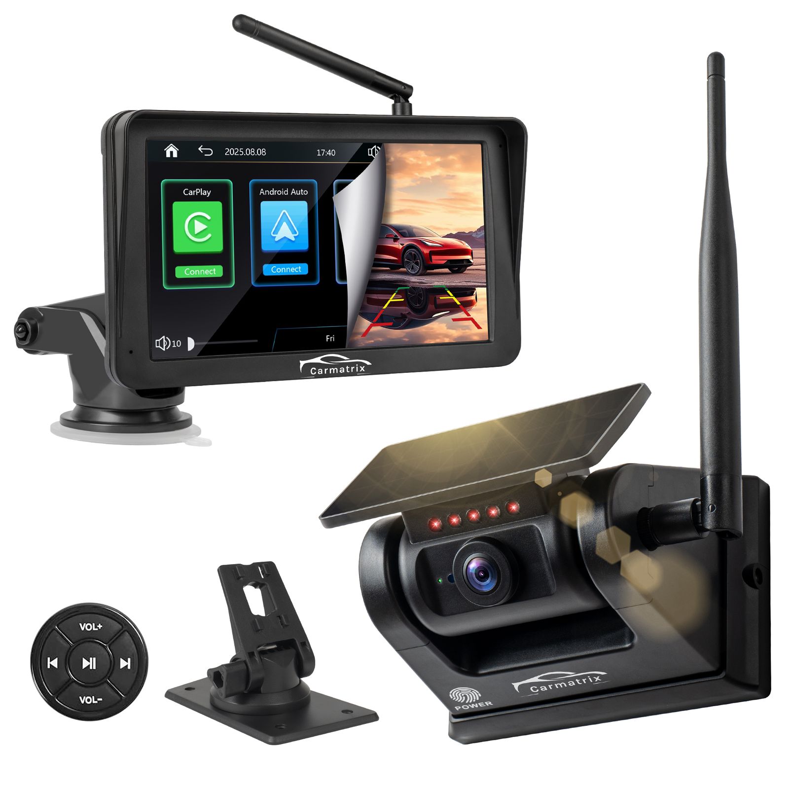 CARMATRIX Solar R&uuml;ckfahrsystem mit Android Auto und CarPlay Magnet R&uuml;ckfahrkamera - Bild 1