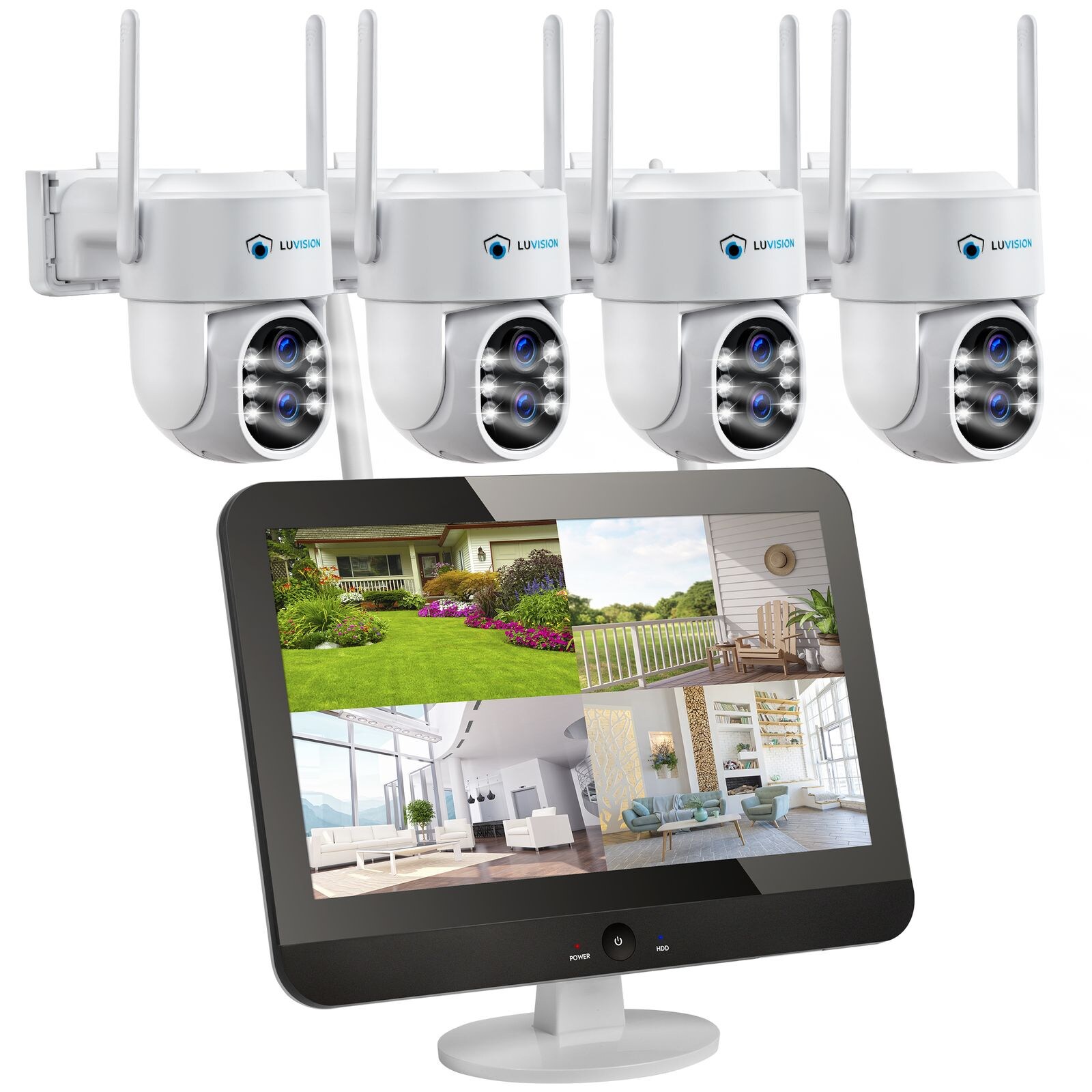 LUVISION Dual WLAN PTZ Überwachungssystem mit 12,5" Monitor,Mikrofon, Sirene, Nachtsicht, KI Bewegungsverfolgung 4 Kameras