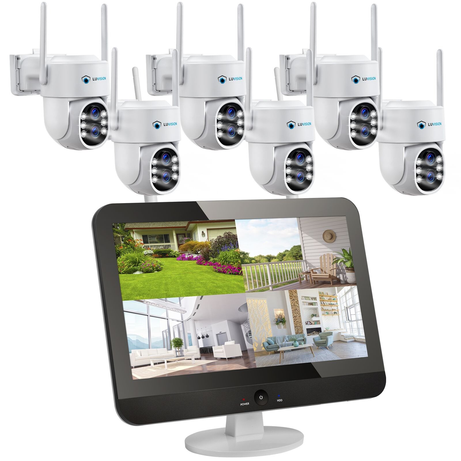 LUVISION Dual WLAN PTZ Überwachungssystem mit 12,5" Monitor,Mikrofon, Sirene, Nachtsicht, KI Bewegungsverfolgung 6 Kameras