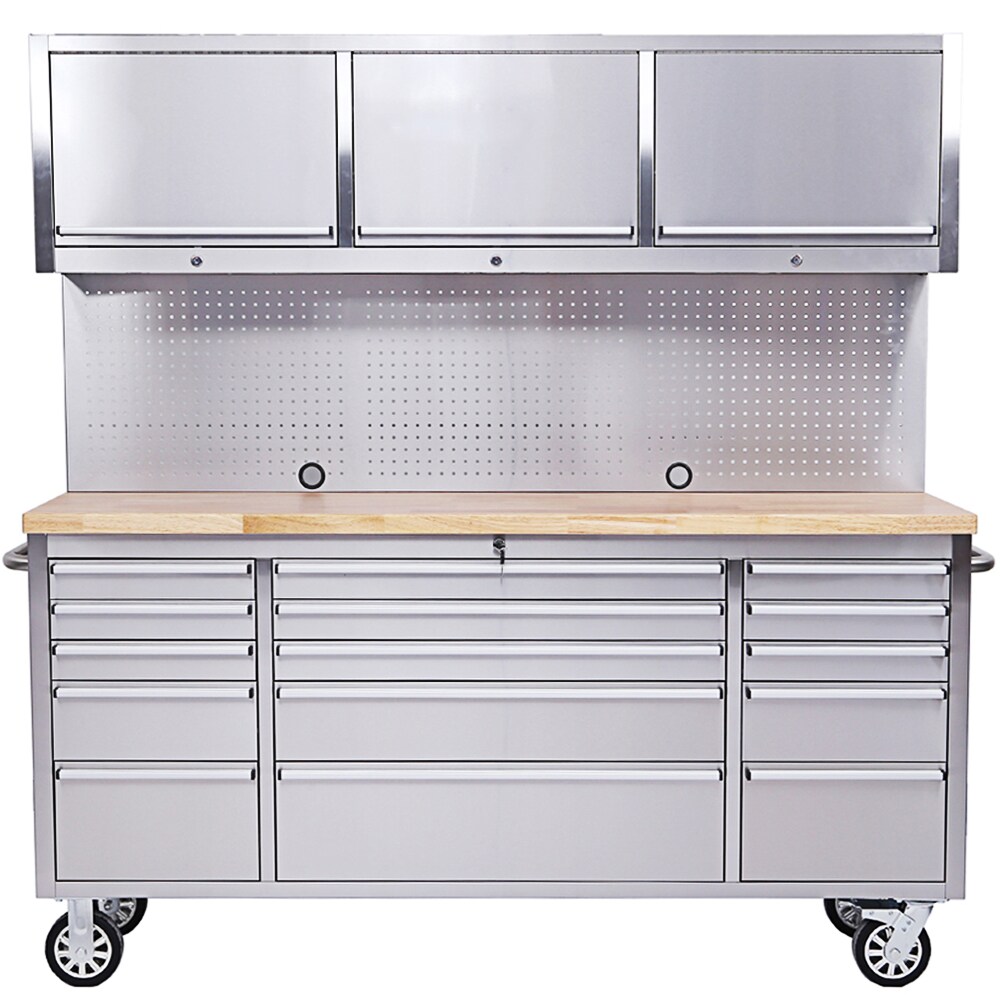 Werkstatt mit Lochwand und Schrank 198 cm Edelstahl, rollbar | 04250627291787