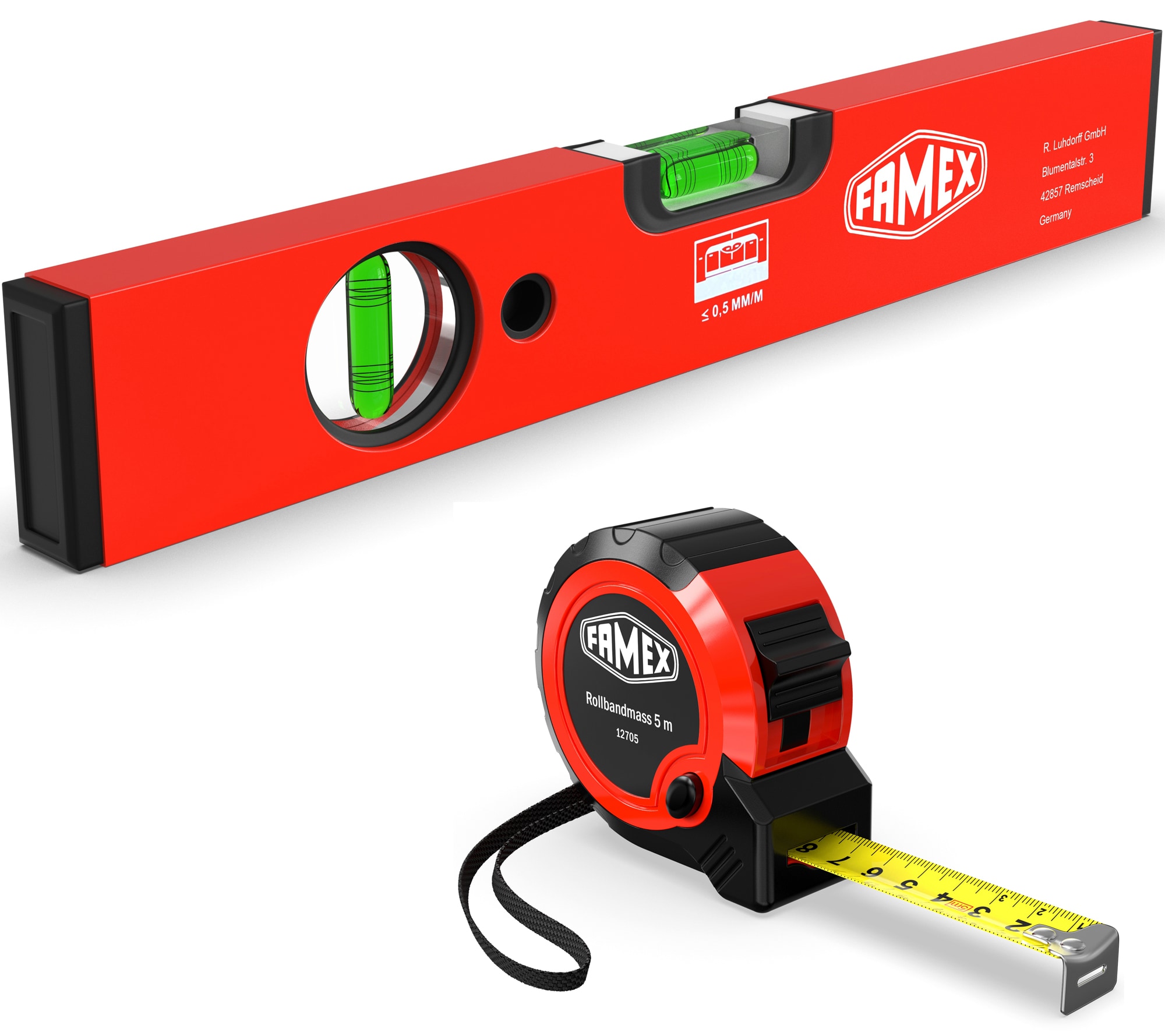 FAMEX 12811 Messwerkzeug Set, Rollbandma&szlig; 5m und Wasserwaage - Bild 1