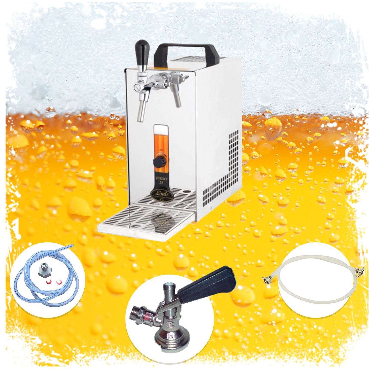 Komplett Set - Zapfanlage, Bierzapfanlage, Bierzapfen PYGMY 20/K mit Membranpumpe, 1-leitig Trockenkühlgerät aus Edelstahl, 25 Liter/h, Green Line, Dreikant