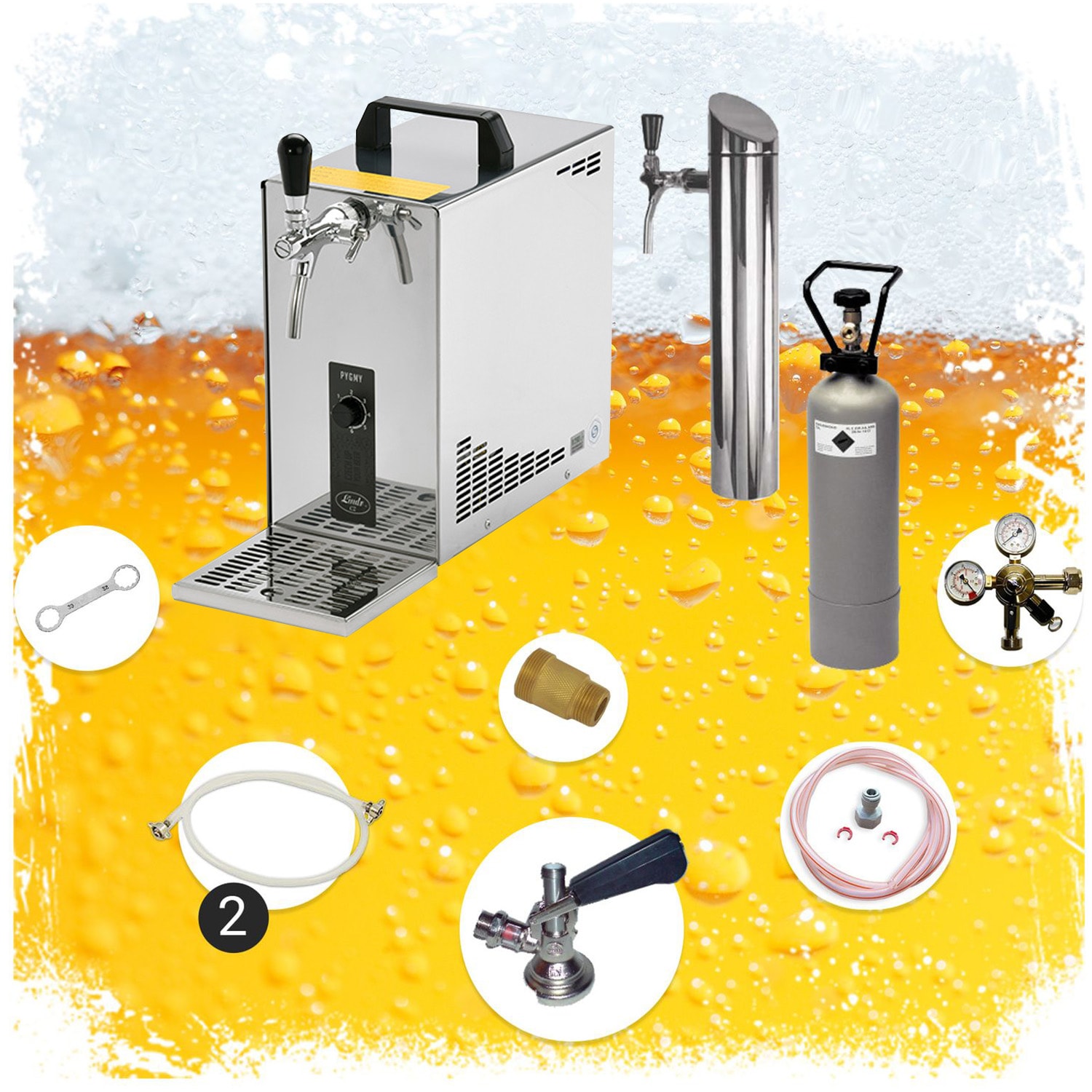Untertheken Komplett Set - Zapfanlage, Bierzapfanlage, Bierkoffer, Durchlaufk&uuml;hler PYGMY 25 LE 1-leitig Trockenk&uuml;hler, 30 Liter/h, inkl. Schanks&auml;ule, Green Line, Korb - Bild 1