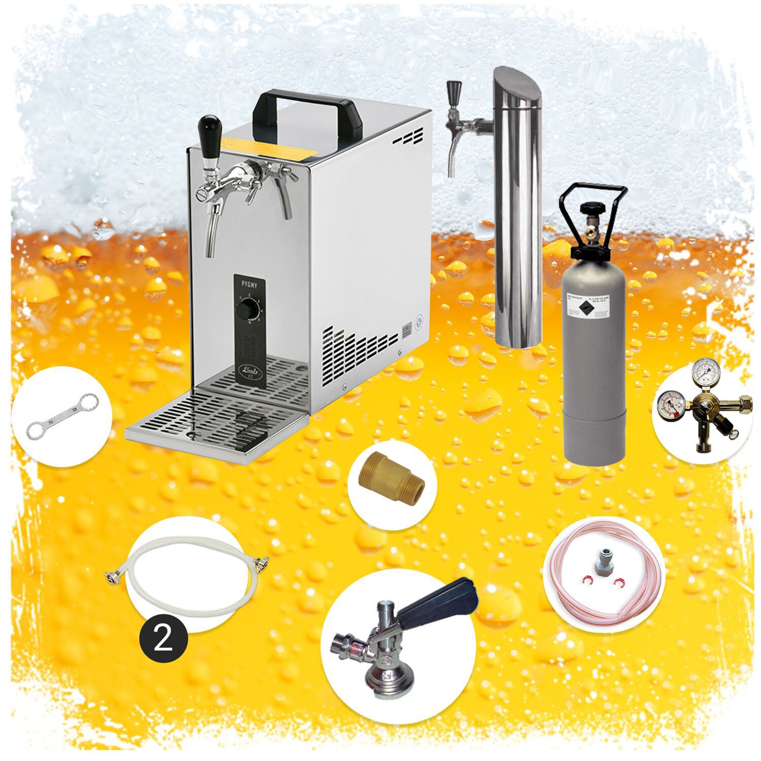 Untertheken Komplett Set - Zapfanlage, Bierzapfanlage, Bierkoffer, Durchlaufk&uuml;hler PYGMY 25 1-leitig Trockenk&uuml;hler, 35 Liter/h, inkl. Schanks&auml;ule, Green Line, Zapfkopf:KeyKeg - Bild 1