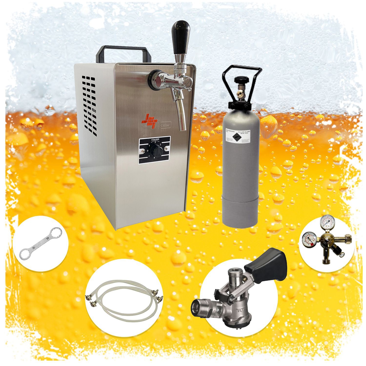 Komplett Set - Zapfanlage, Bierzapfanlage JET 30 Bierkoffer, Durchlaufk&uuml;hler 1-leitig Trockenk&uuml;hler, bis zu 35 Liter/h, Zapfkopf:NC Adapter - Bild 1