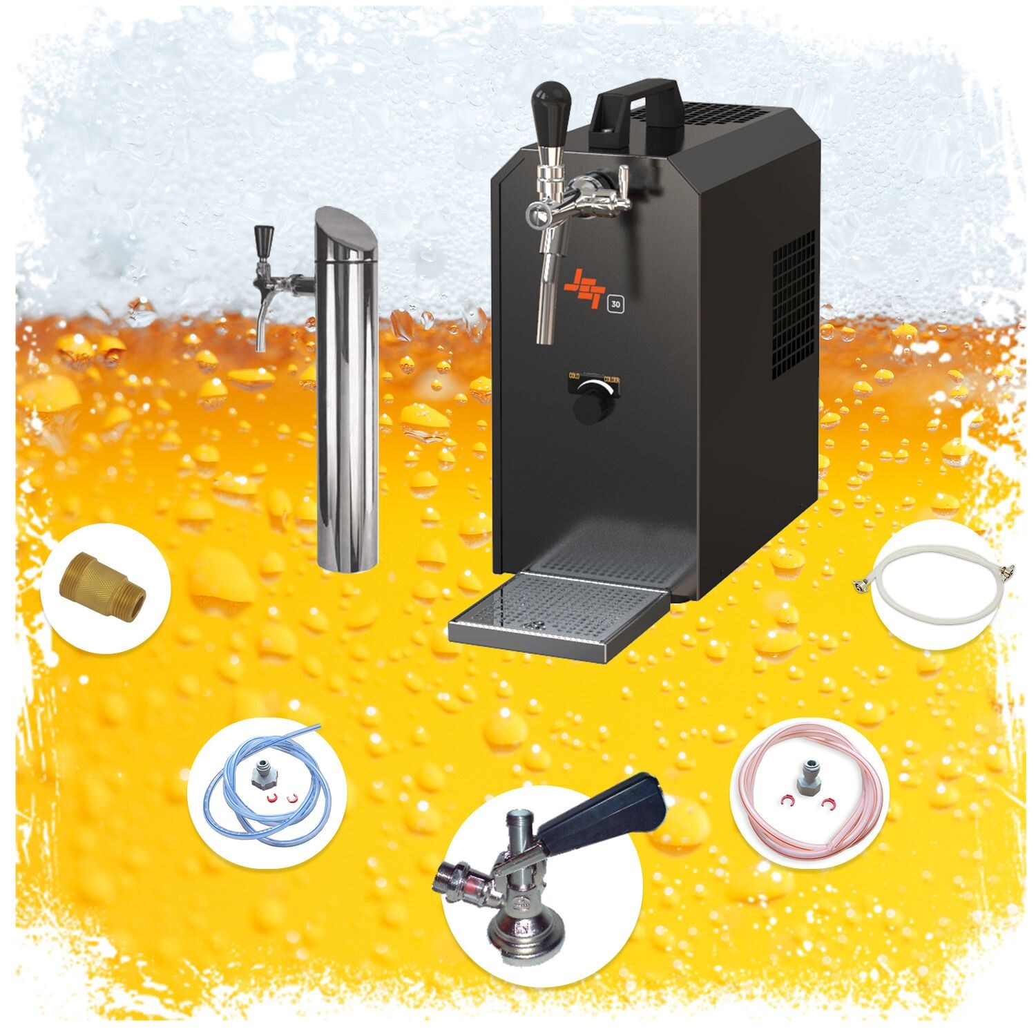 Untertheken Komplett Set - Zapfanlage, Bierzapfanlage JET 30K Bierkoffer mit Luftpumpe Durchlaufkühler 1-leitig Trockenkühler, bis zu 35 Liter/h, Zapfkopf:KeyKeg