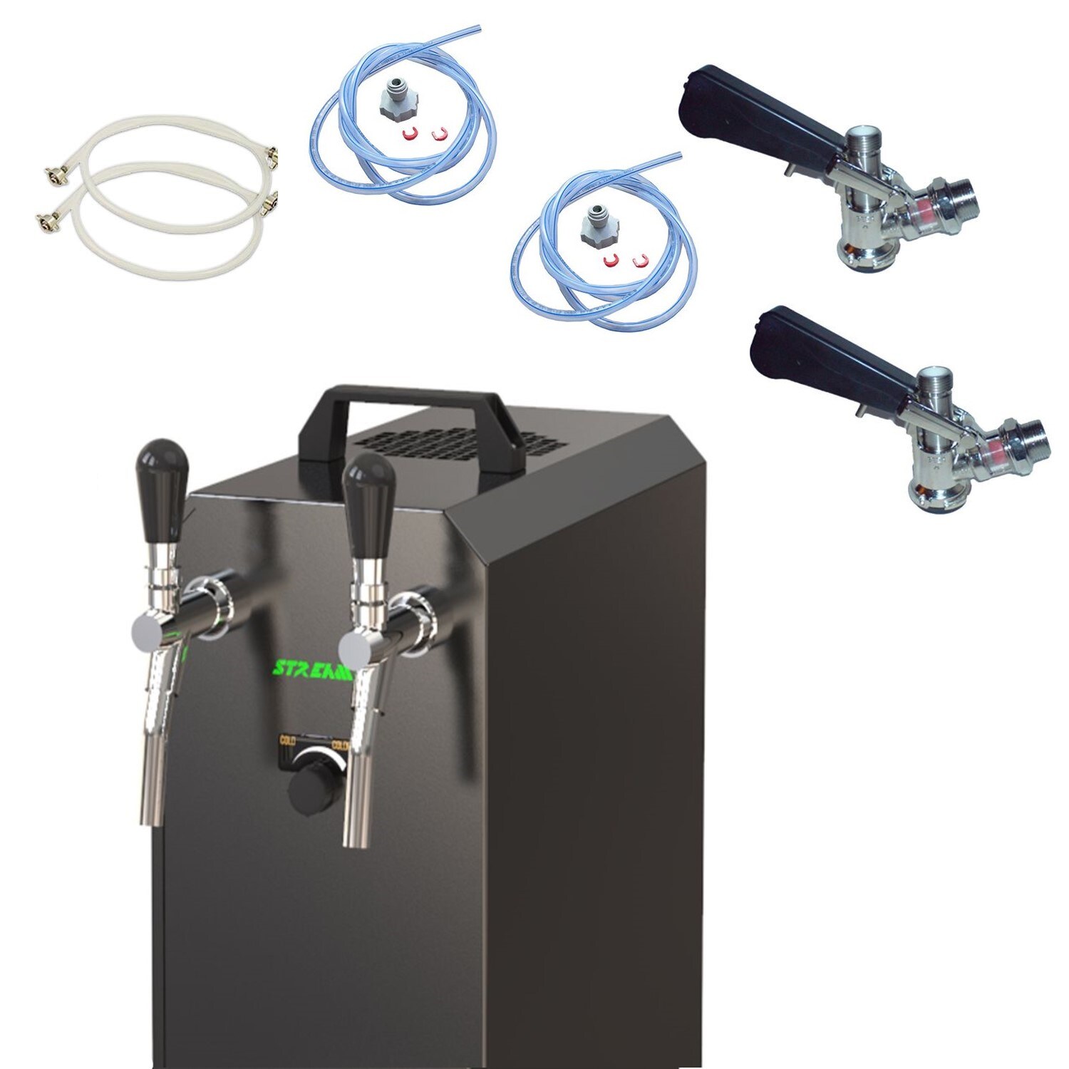 Komplett Set - Zapfanlage, Bierzapfanlage STREAM 50K mit Luftpumpe Bierkoffer, Durchlaufk&uuml;hler 2-leitig Trockenk&uuml;hler, bis zu 55 Liter/h - BLACK EDITION, Zapfkopf 2:Korb,Zapfkopf:NC Adapter - Bild 1