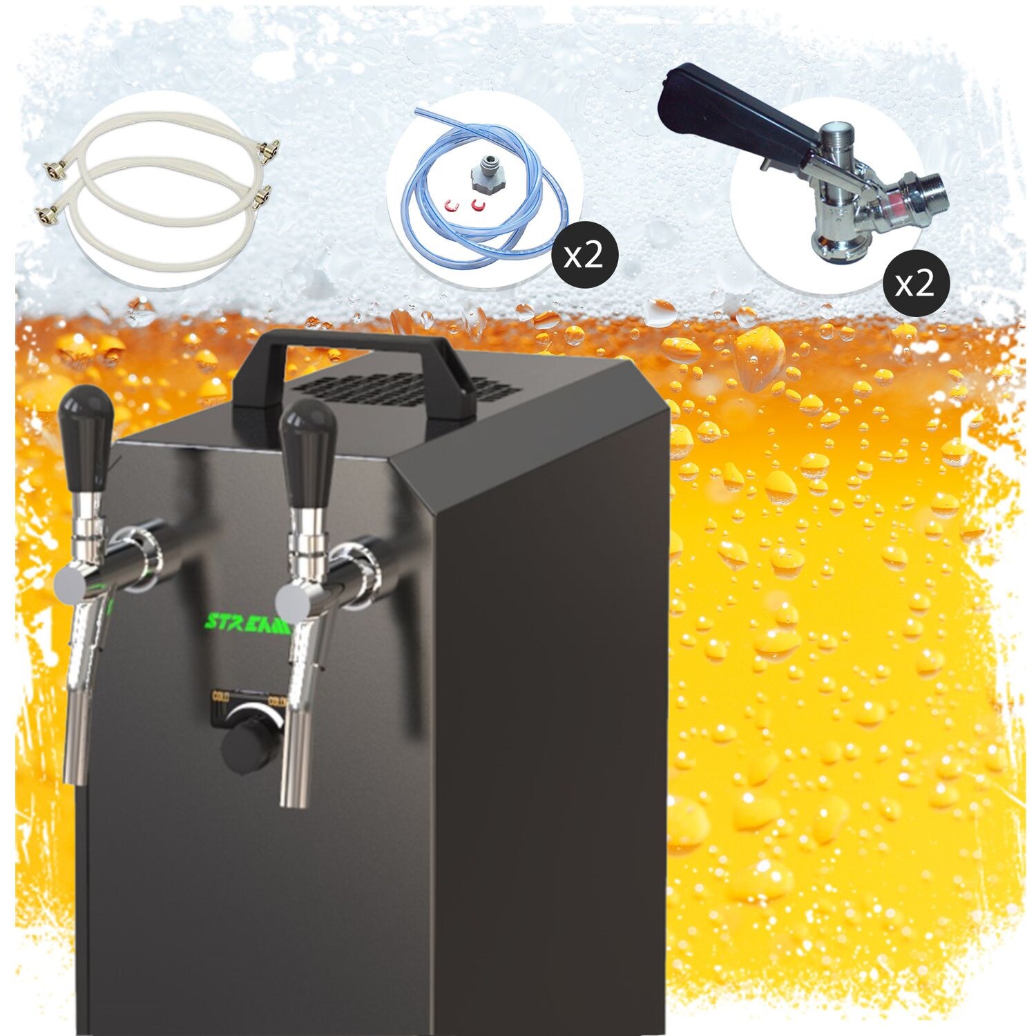 Komplett Set - Zapfanlage, Bierzapfanlage STREAM 50K mit Luftpumpe Bierkoffer, Durchlaufkühler 2-leitig Trockenkühler, bis zu 55 Liter/h - BLACK EDITION, Korb,ohne