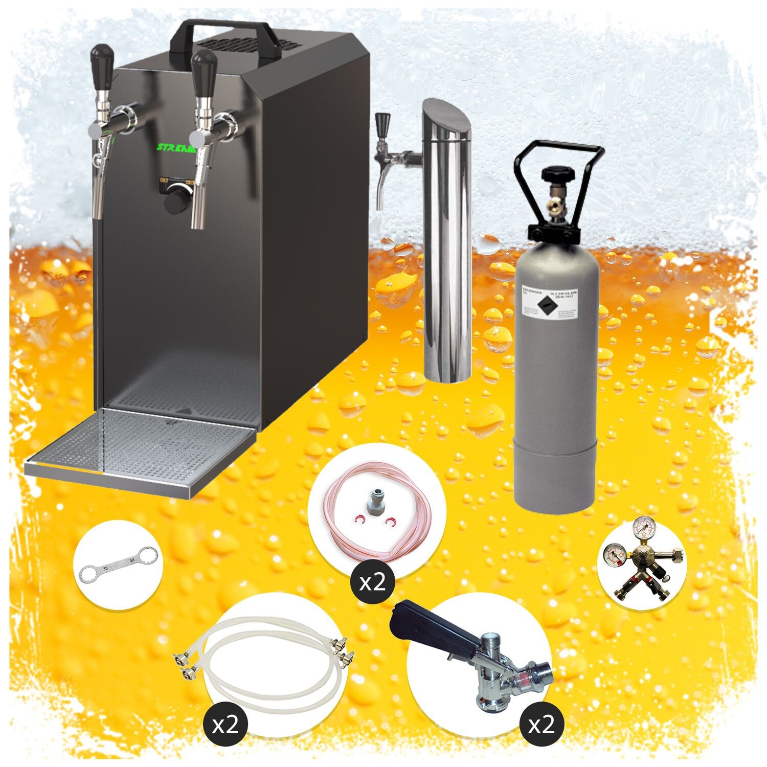 Untertheken Komplett Set - Zapfanlage, Bierzapfanlage STREAM 50 Bierkoffer, Durchlaufk&uuml;hler 2-leitig Trockenk&uuml;hler, bis zu 55 Liter/h - BLACK EDITION, Zapfkopf:Dreikant,Zapfkopf 2:Kombi - Bild 1