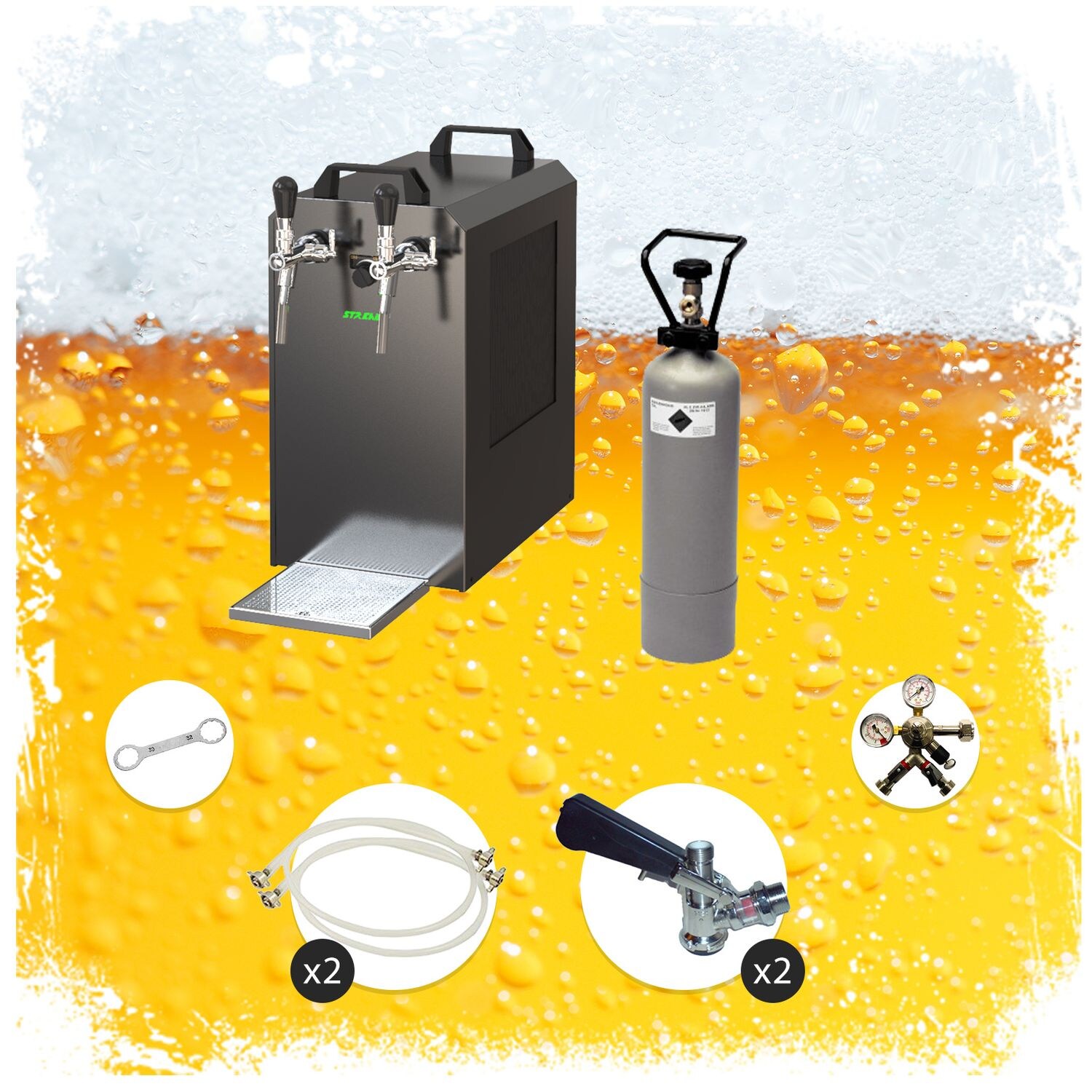 Komplett Set - Zapfanlage STREAM 80 Bierkoffer, Bierzapfanlage, Durchlaufkühler 2-leitig Trockenkühler, Zapfkopf:Korb,Zapfkopf 2:Korb