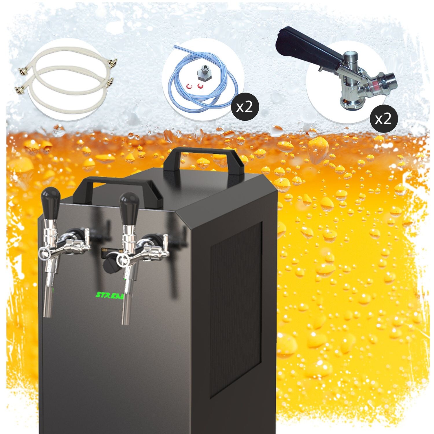 Komplett Set - Zapfanlage STREAM 80K mit Luftpumpe Bierkoffer, Bierzapfanlage, Durchlaufkühler 2-leitig Trockenkühler, Zapfkopf:5 Liter Adapter,Zapfkopf 2:Flach