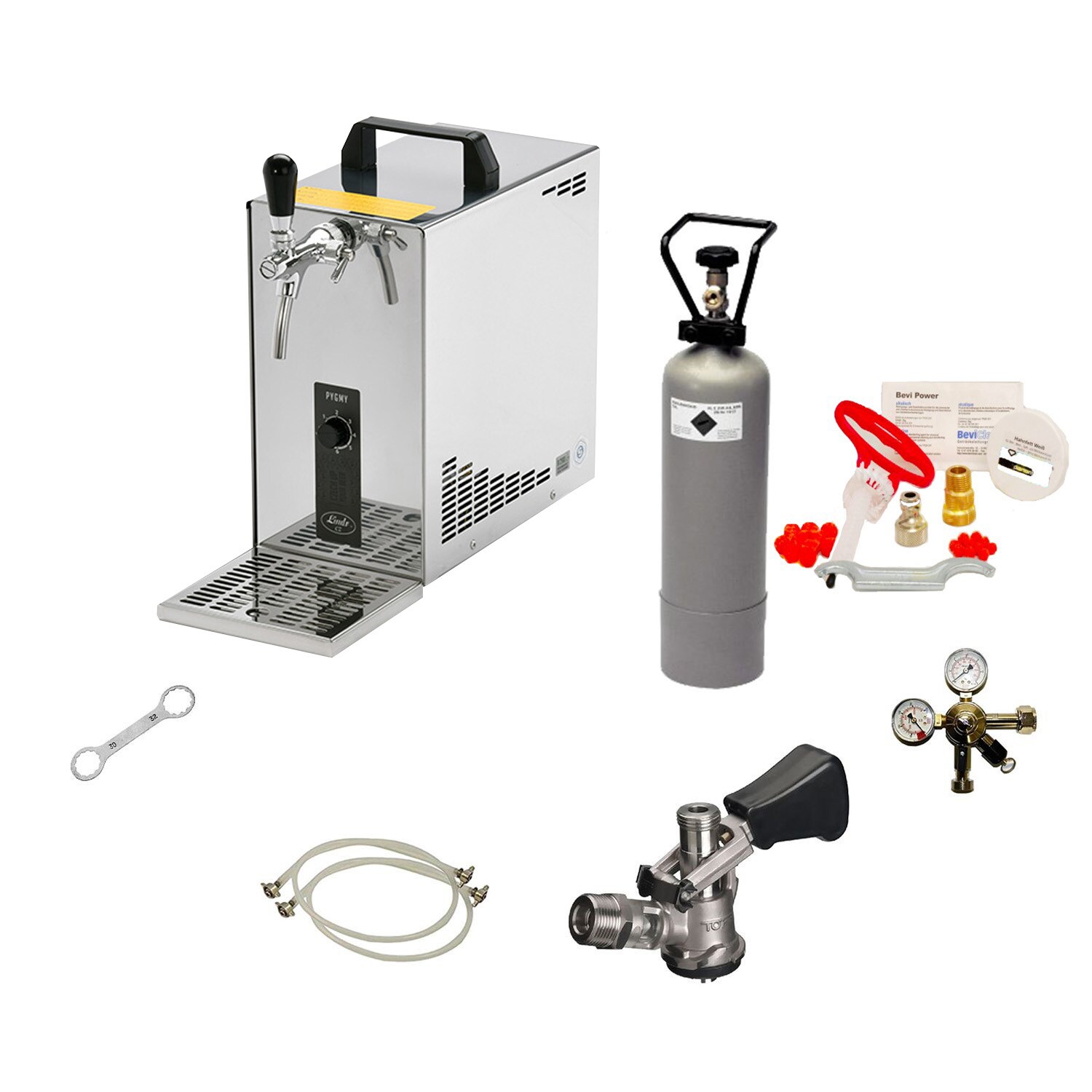 Komplett Set - Zapfanlage, Bierzapfanlage, Bierkoffer, Durchlaufkühler PYGMY 25 1-leitig Trockenkühler, 35 Liter/h, Reinigungsset für Zapfanlage und Keg, Flach