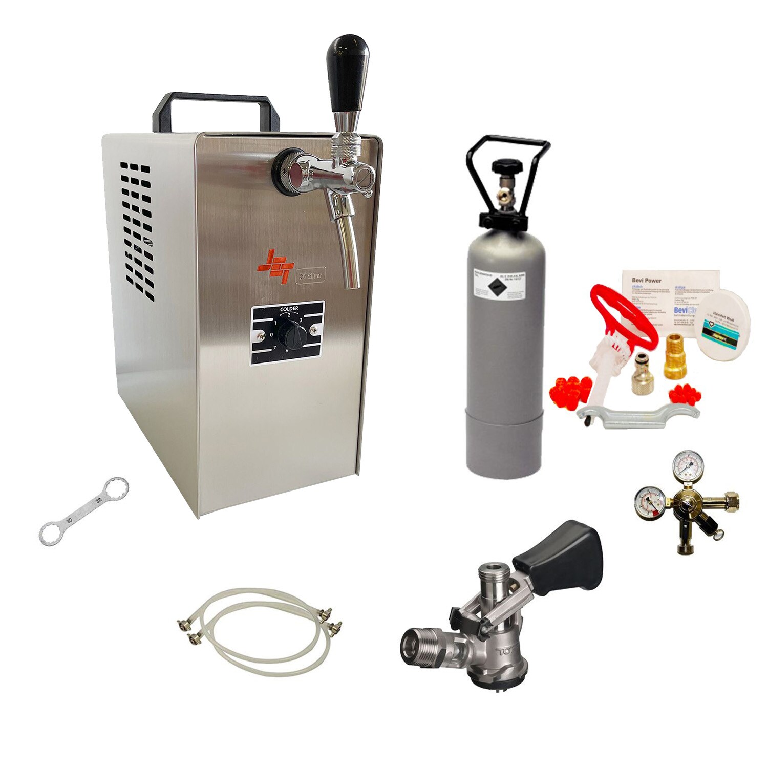Komplett Set - Zapfanlage JET 30 Bierkoffer, Durchlaufk&uuml;hler 1-leitig Trockenk&uuml;hler, bis zu 35 Liter/h, Reinigungsset f&uuml;r Zapfanlage und Keg, KeyKeg - Bild 1